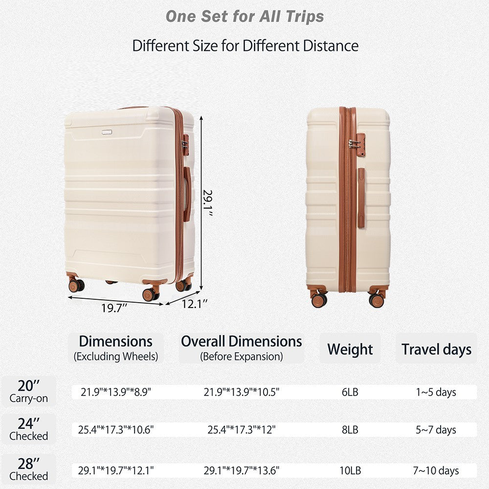 Luggage Sets Model Expandable Abs Hardshell 3Pcs Clearance Luggage Hardside Lightweight Durable Suitcase Sets Spinner Wheels Suitcase With Tsa Lock 20''24''28'' Beige And Brown Beige Brown Abs