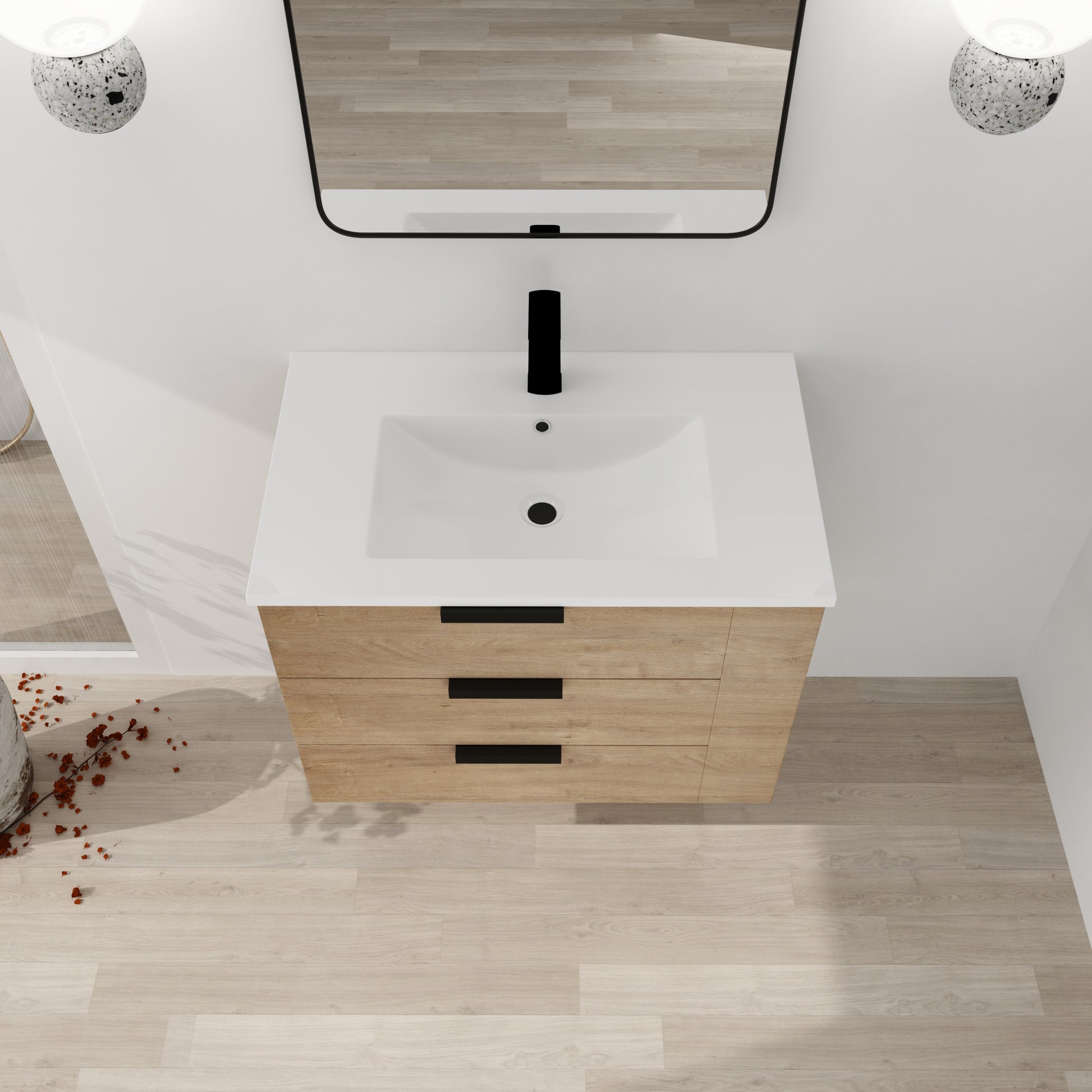 30 Inch Wall Mounting Bathroomg Vanity With Sink, Soft Close Drawer And Side Shelf G Bvb01430Imo Grb3020Mowh Imitative Oak Plywood