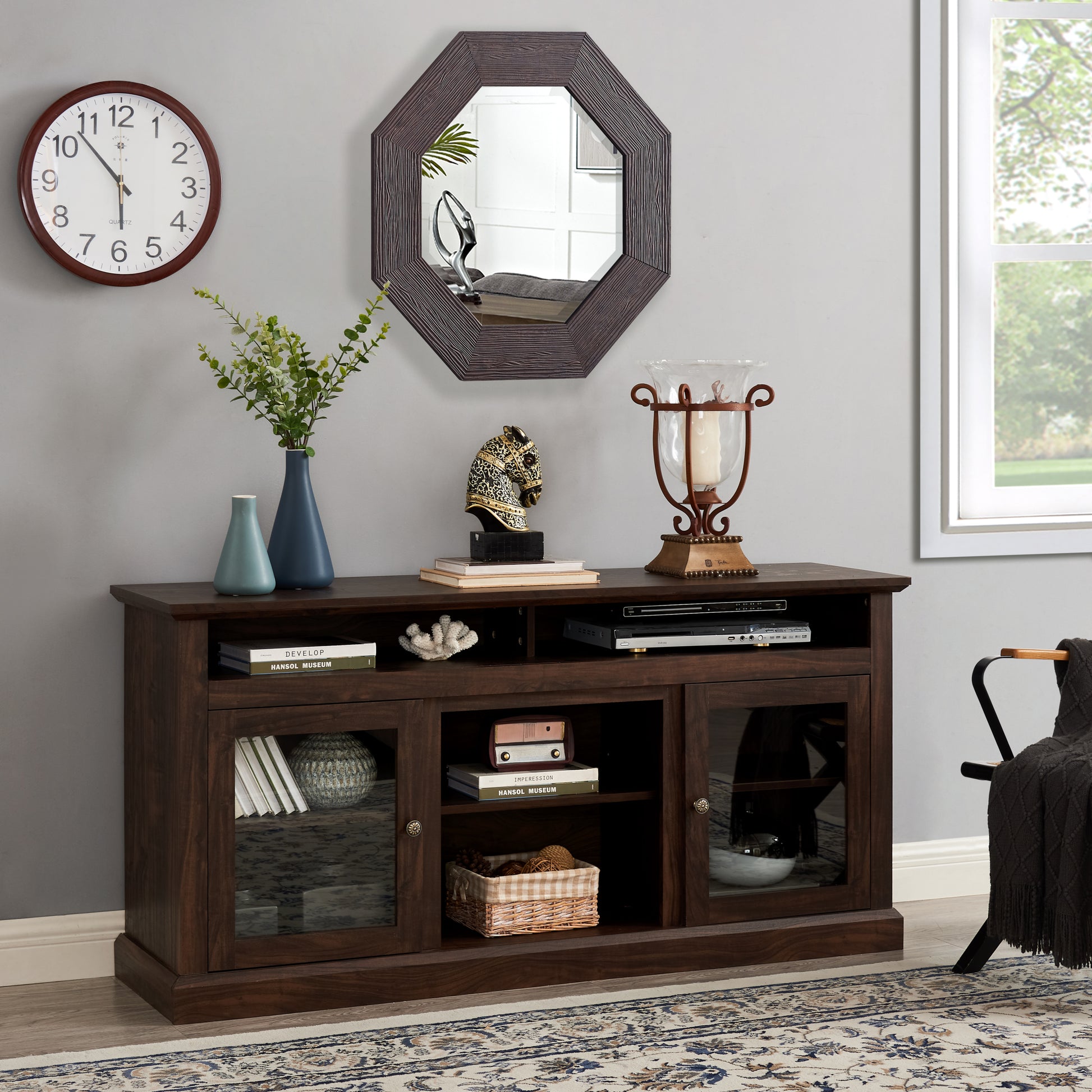 Contemporary Tv Media Stand Modern Entertainment Console For Tv Up To 65" With Open And Closed Storage Space, Brown, 60"W*15.75"D*29"H Brown Primary Living Space 60 Inches 60 69 Inches American Traditional 65 Inches Mdf