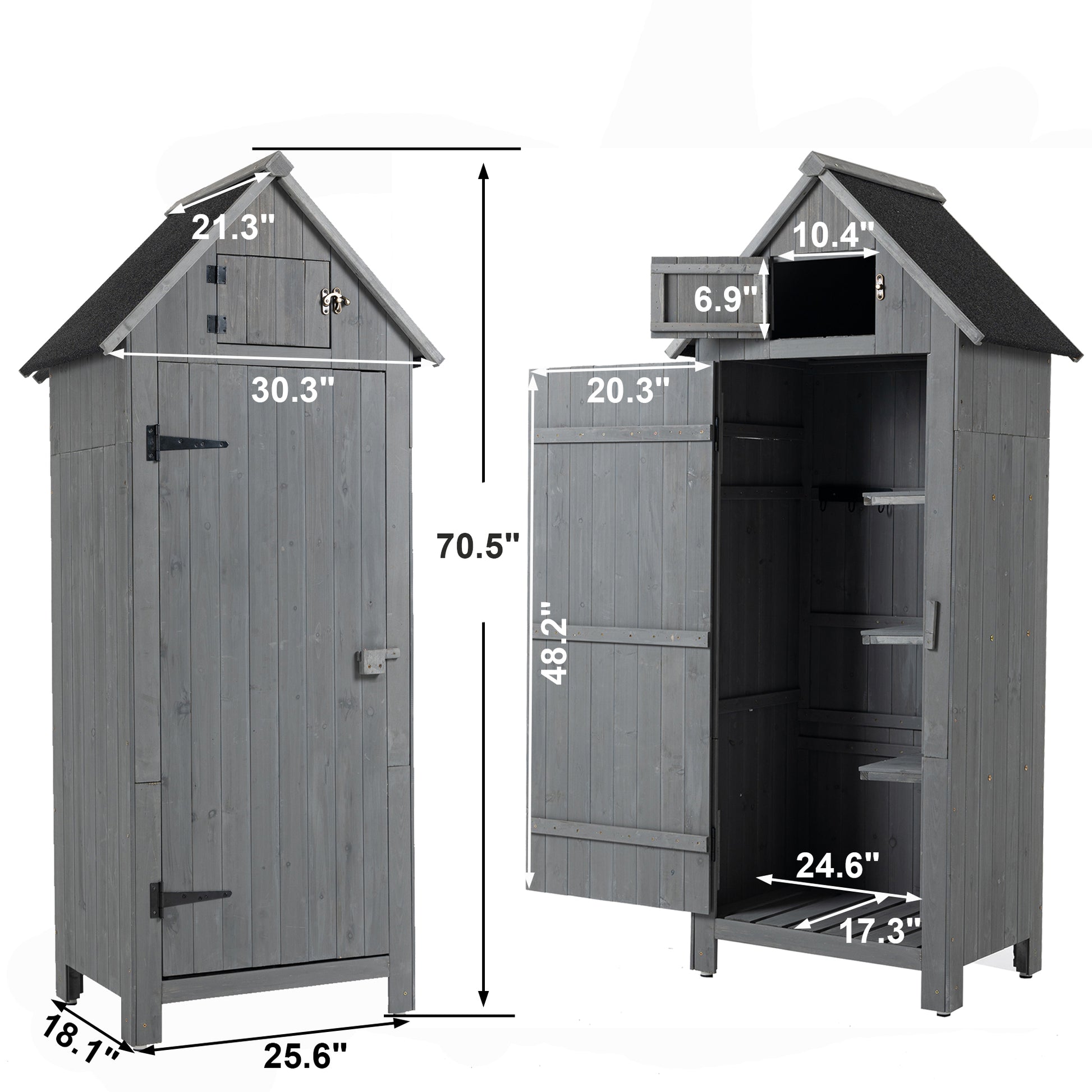 30.3"L X 21.3"W X 70.5"H Outdoor Storage Cabinet Tool Shed Wooden Garden Shed Gray Grey Solid Wood