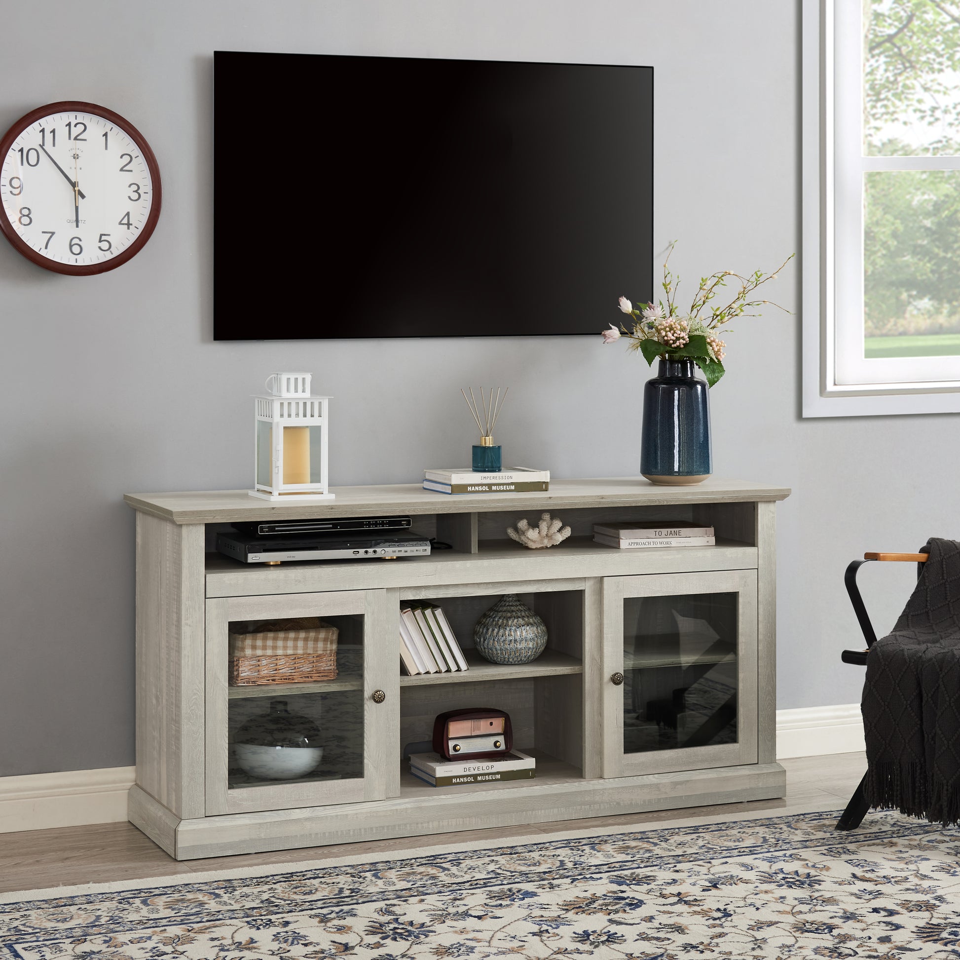 Contemporary Tv Media Stand Modern Entertainment Console For Tv Up To 65" With Open And Closed Storage Space, Stone Gray, 60"W*15.75"D*29"H Stone Gray Primary Living Space 60 69 Inches 60 69 Inches American Traditional 65 Inches Mdf