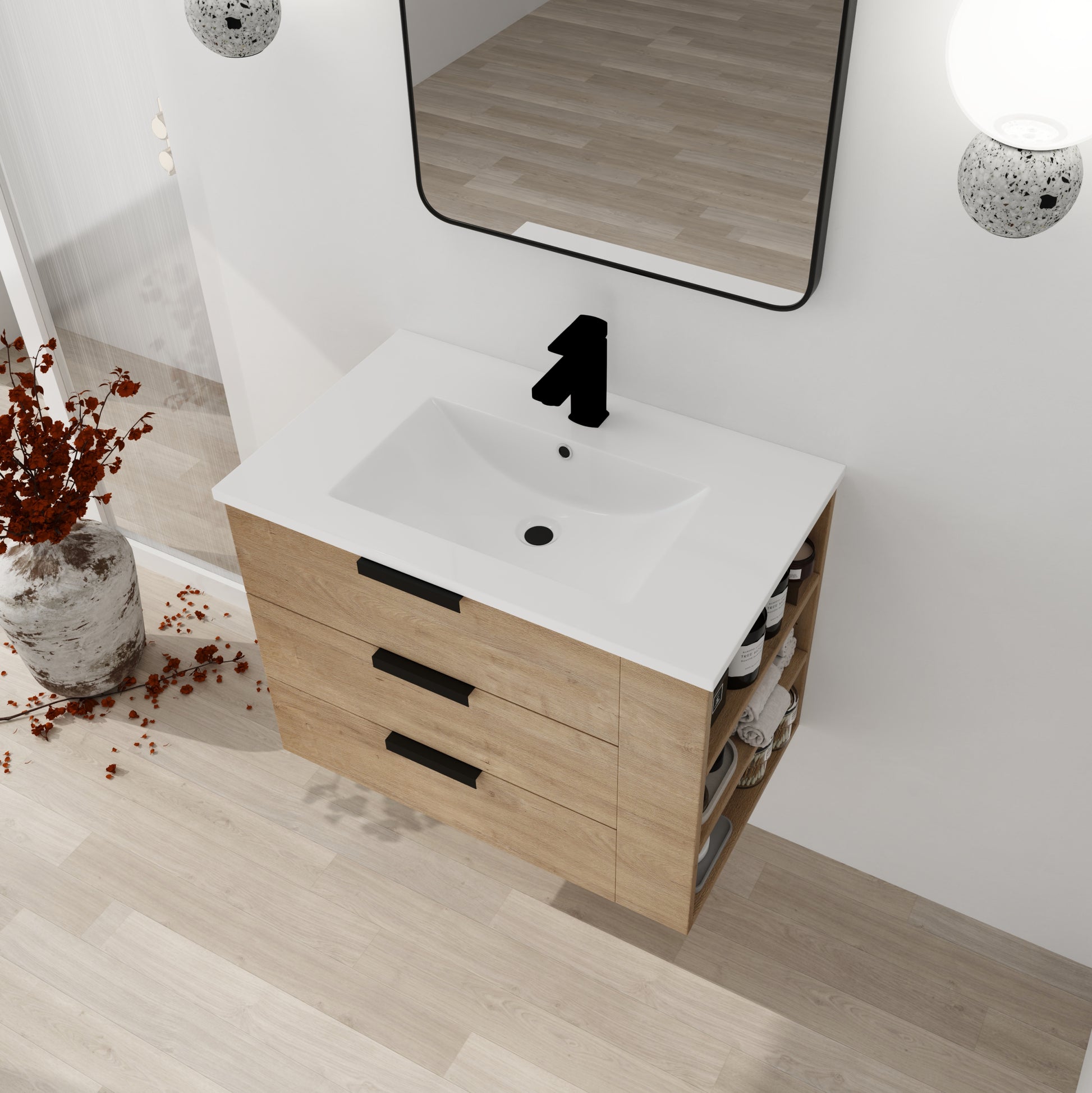 30 Inch Wall Mounting Bathroomg Vanity With Sink, Soft imitative oak-plywood