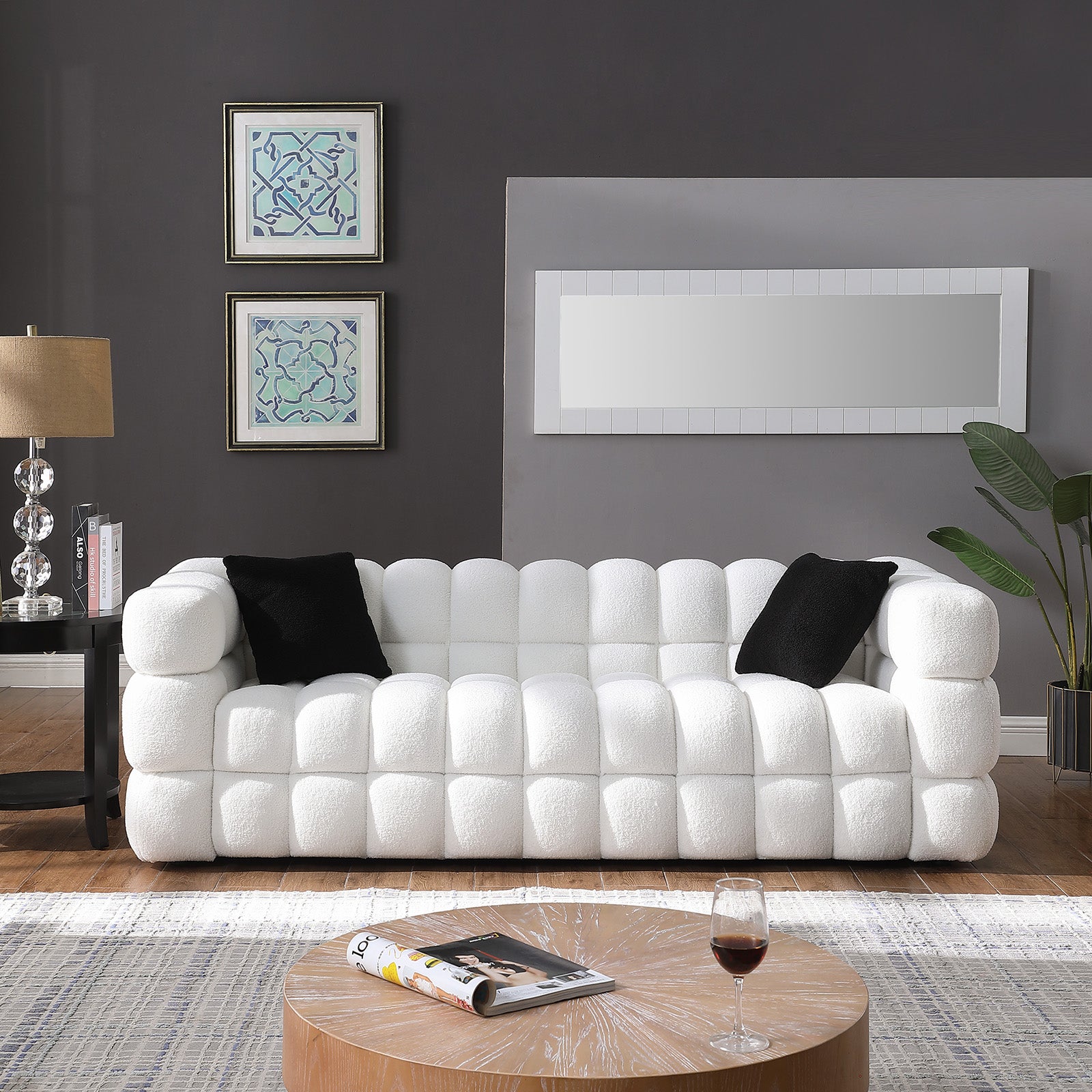 84.3 62.2 Length ,35.83" Deepth ,Human Body Structure For Usa People, Marshmallow Sofa,Boucle Sofa ,White Color,3 Seater. Sofa And Seater White Light Brown Wood Primary Living Space Medium Soft Split Back Eucalyptus Square Arms Boucle 5 Seat