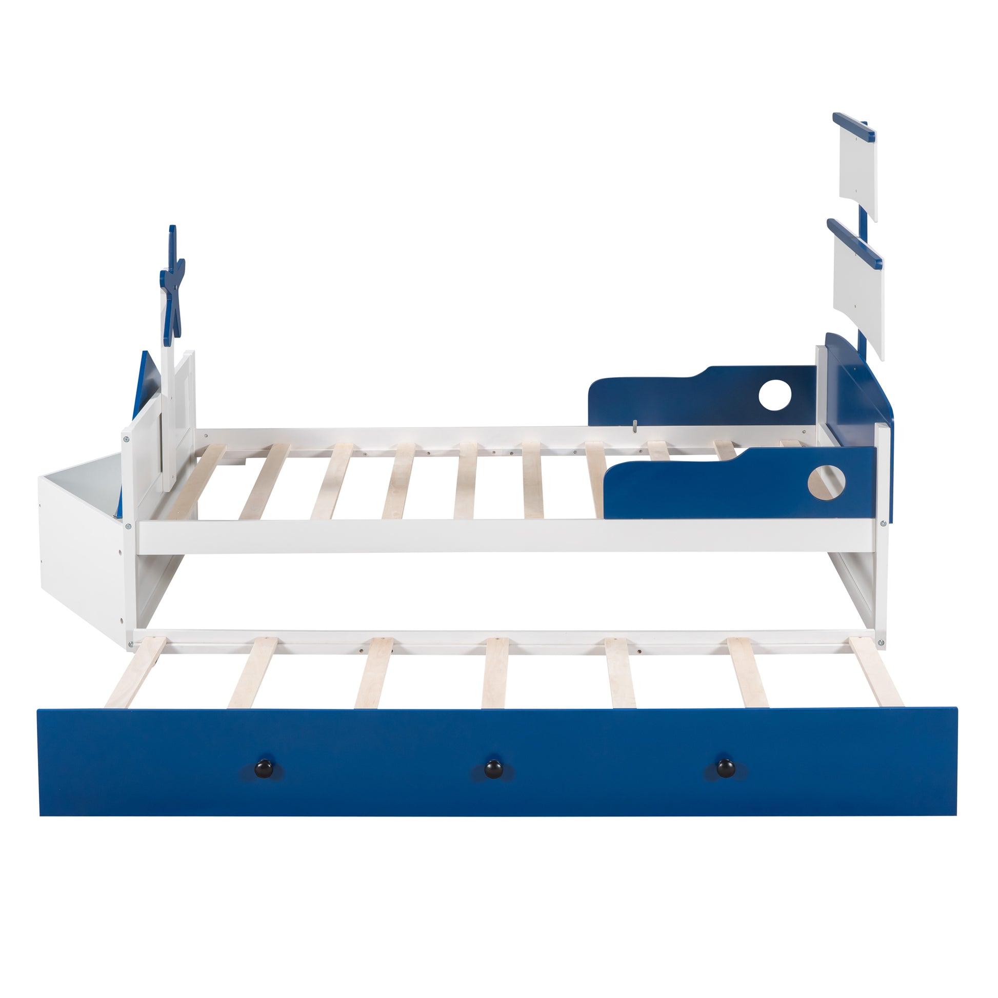 Twin Size Boat Shaped Platform Bed With Twin Size Trundle,Twin Bed With Storage For Bedroom,Blue Blue Wood