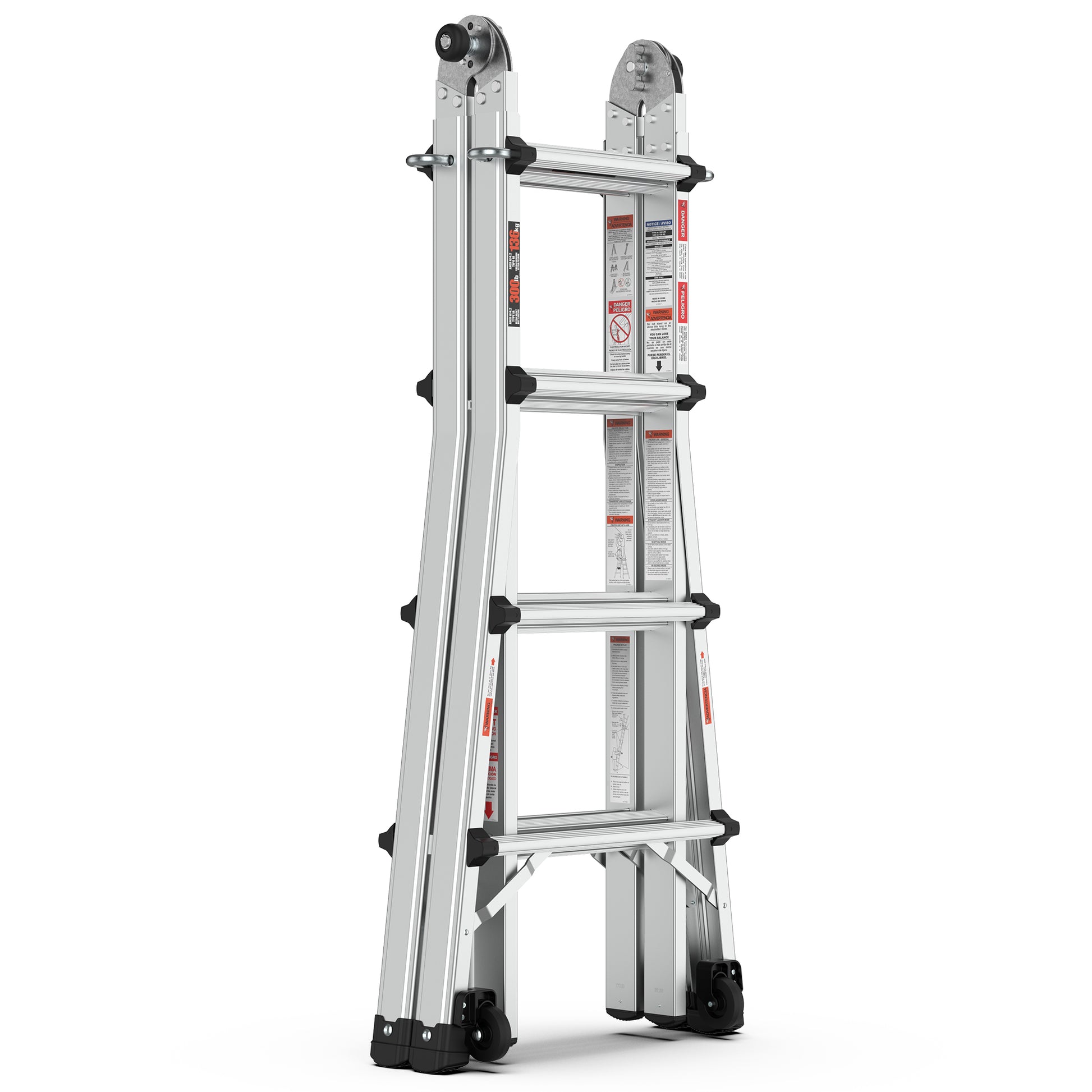 Aluminum Multi Position Ladder With Wheels, 300 Lbs Weight Rating, 17 Ft Metallic Grey Aluminium Alloy