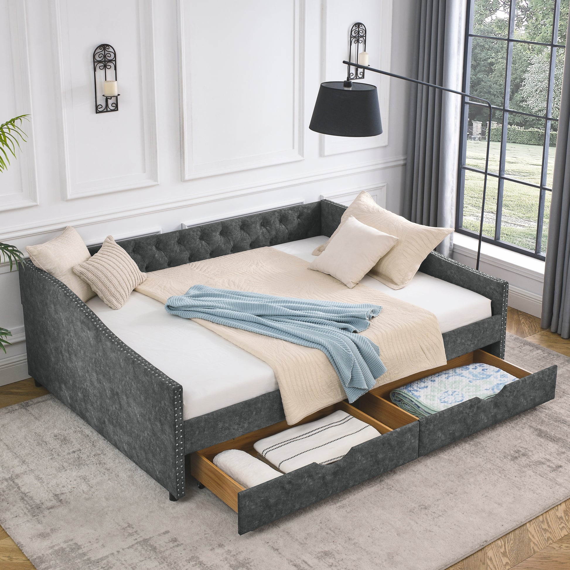 Queen Size Daybed With Drawers Upholstered Tufted Sofa Bed,With Button On Back And Copper Nail On Waved Shape Arms, Grey 84.5"X63.5"X26.5" Grey Polyester