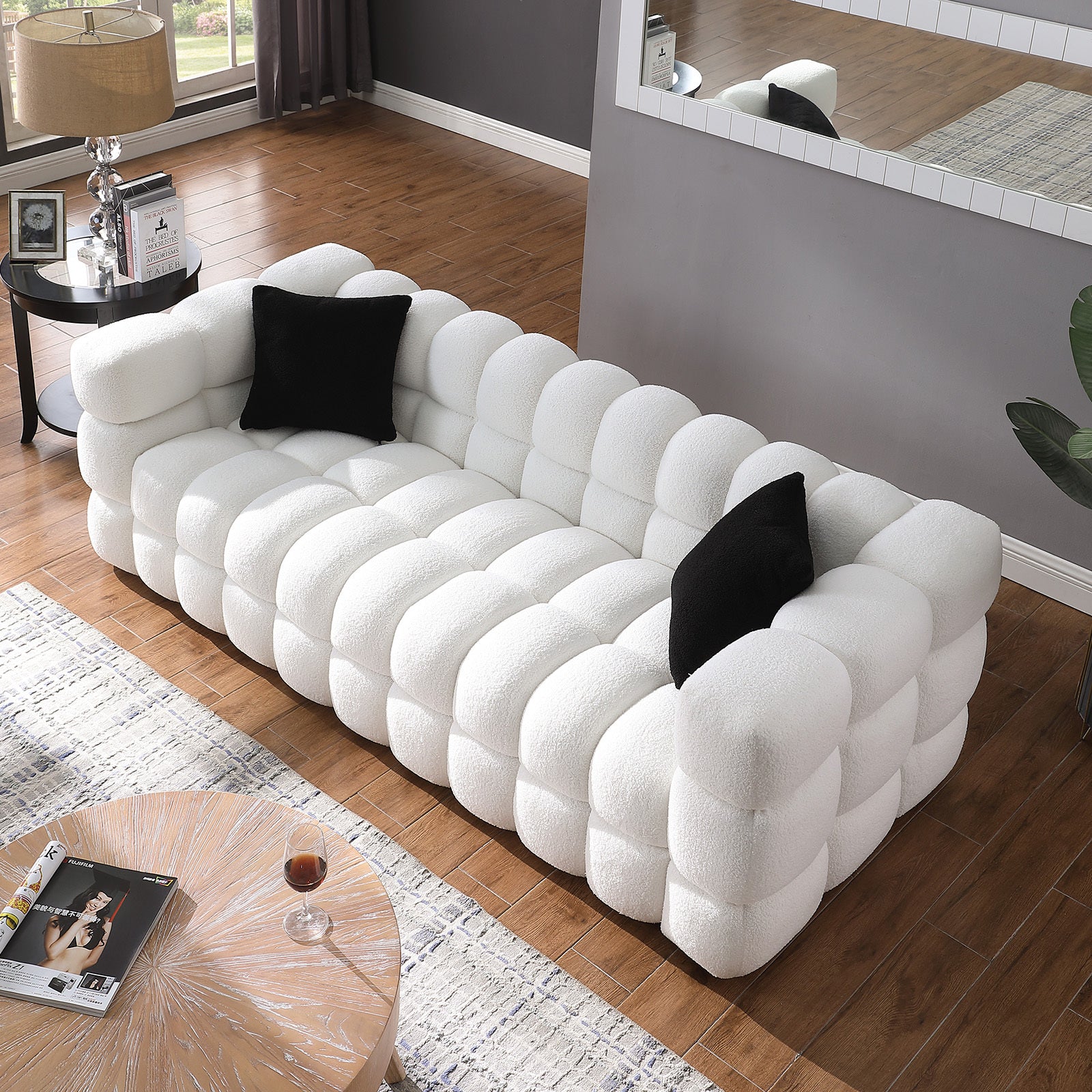 84.3 Length ,35.83" Deepth ,Human Body Structure For Usa People, Marshmallow Sofa,Boucle Sofa ,White Color,3 Seater White Light Brown Wood Primary Living Space Medium Soft Split Back Eucalyptus Square Arms Boucle 3 Seat