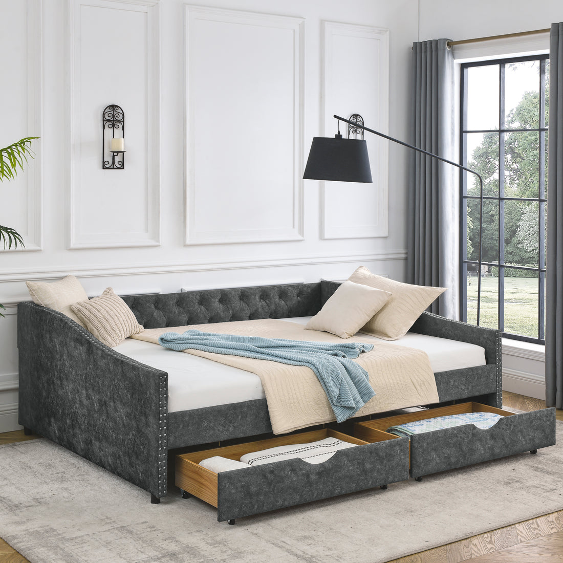 Queen Size Daybed With Drawers Upholstered Tufted Sofa Bed,With Button On Back And Copper Nail On Waved Shape Arms, Grey 84.5"X63.5"X26.5" Grey Polyester