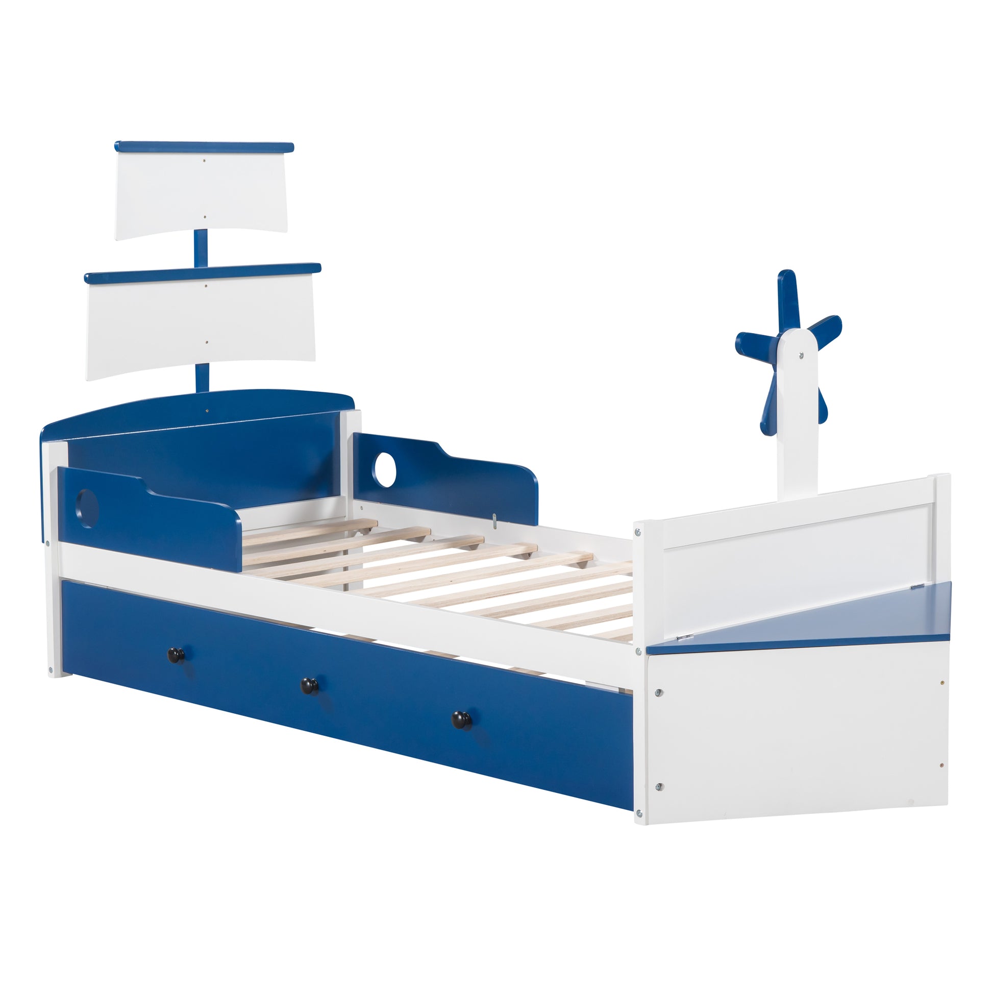 Twin Size Boat Shaped Platform Bed With Twin Size Trundle,Twin Bed With Storage For Bedroom,Blue Blue Wood