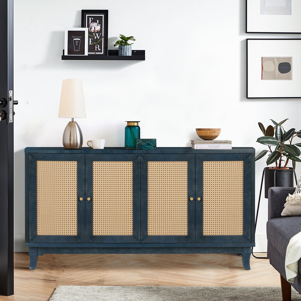 Handcrafted Premium Grain Panels,Rattan Sideboard Buffer Cabinet,Accent Storage Cabinet With 4 Rattan Doors, Modern Storage Cupboard Console Table With Adjustable Shelves For Living Room ,Blue Antique Navy Blue Mdf