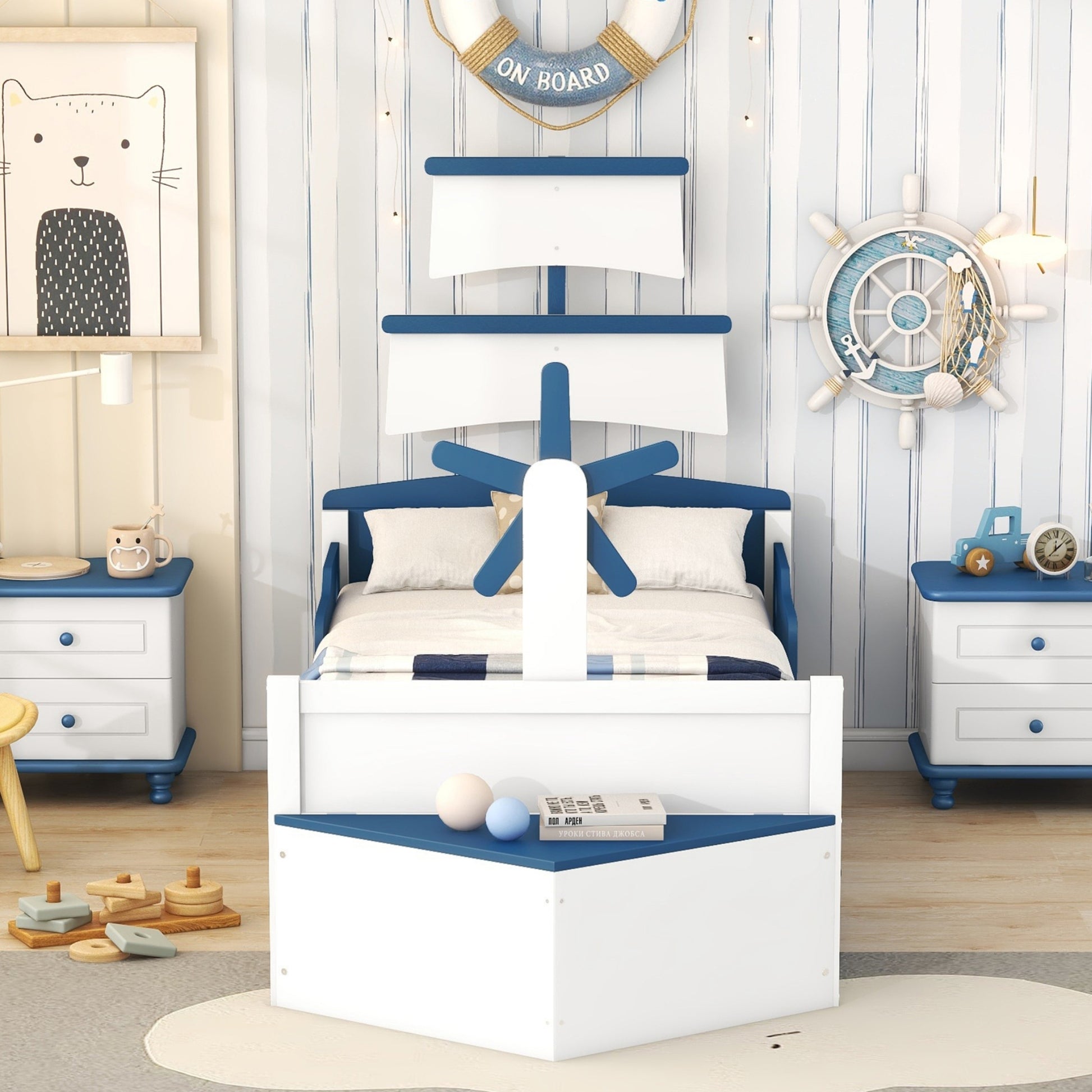 Twin Size Boat Shaped Platform Bed With Twin Size Trundle,Twin Bed With Storage For Bedroom,Blue Blue Wood