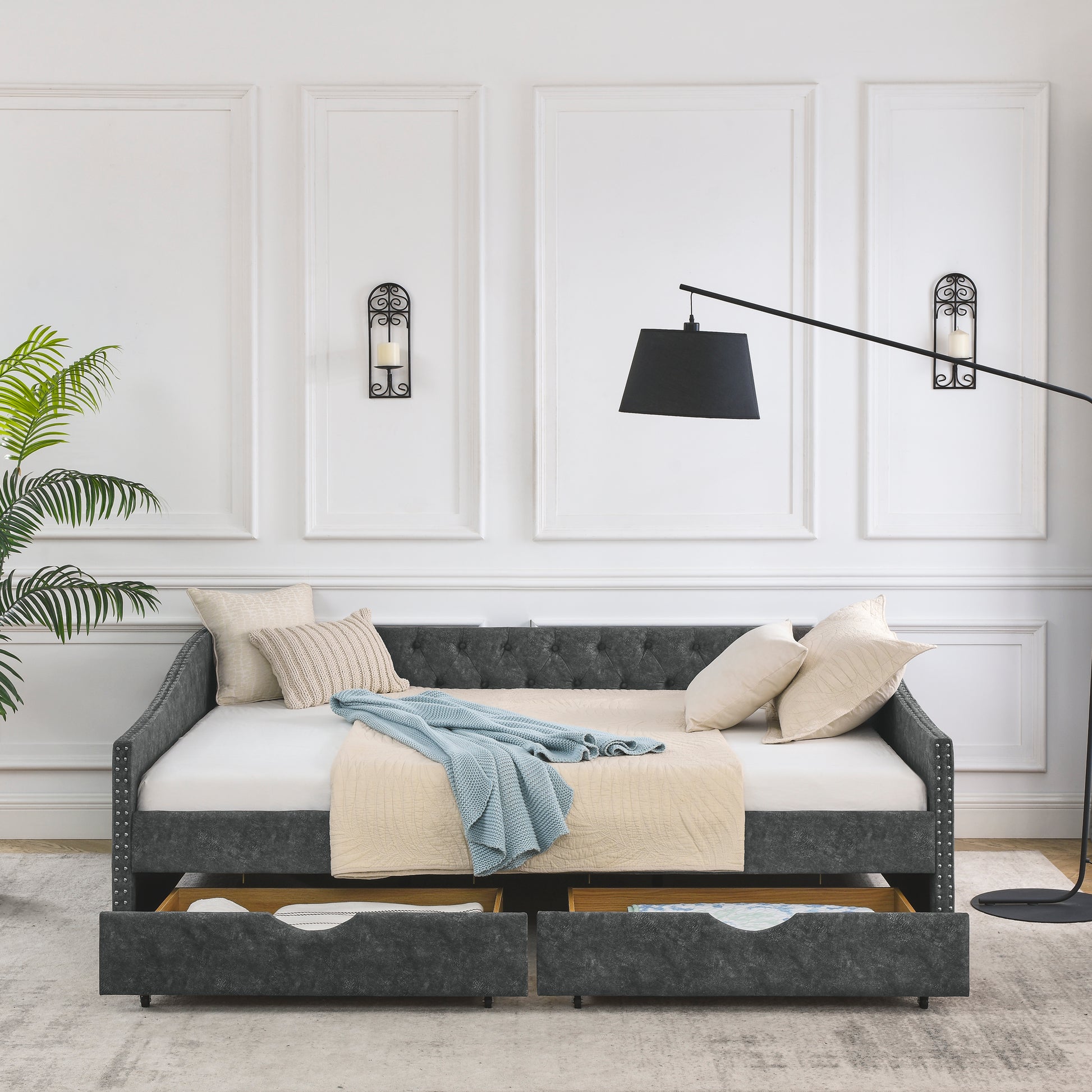 Queen Size Daybed With Drawers Upholstered Tufted Sofa Bed,With Button On Back And Copper Nail On Waved Shape Arms, Grey 84.5"X63.5"X26.5" Grey Polyester