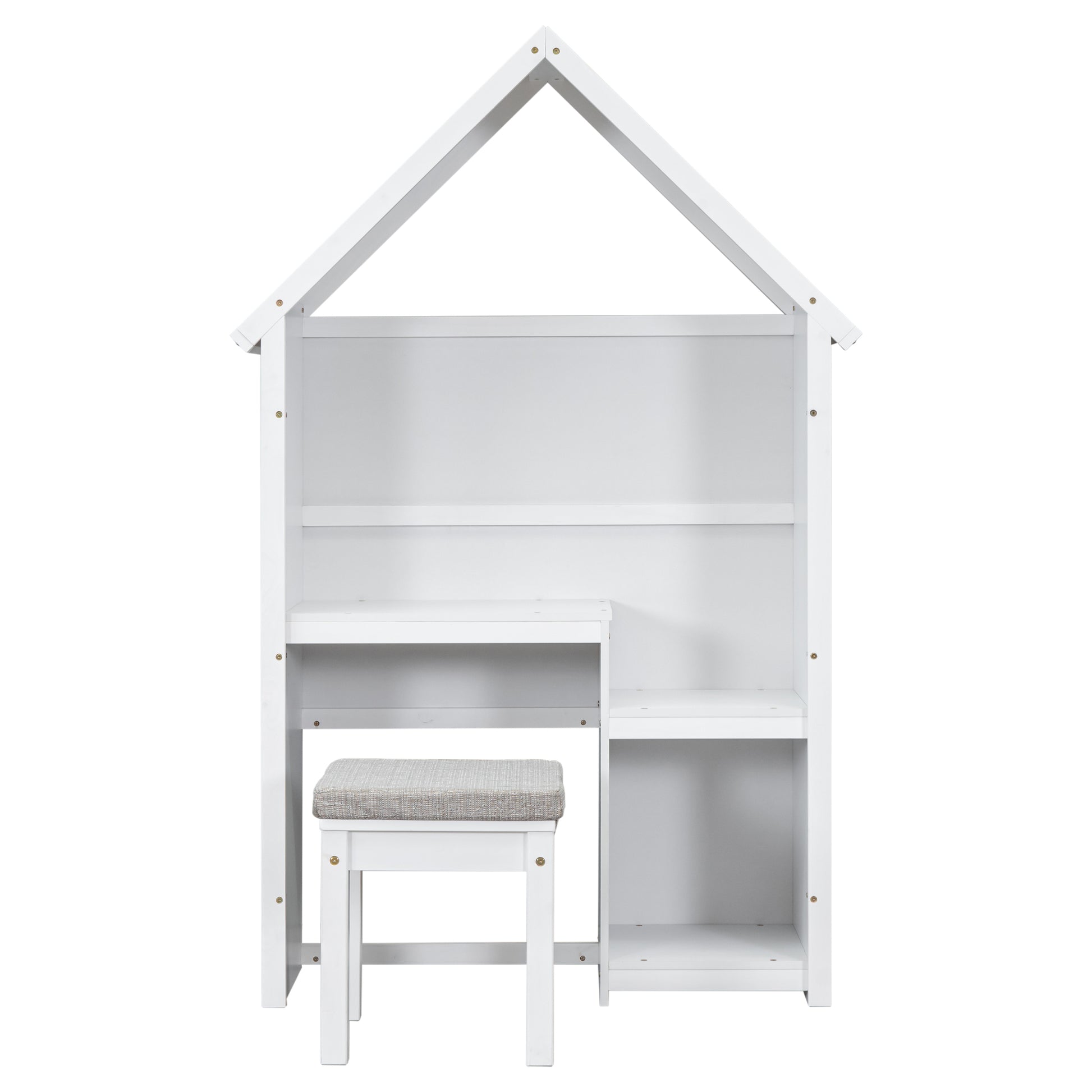 House Shaped Kids Desk With A Cushion Stool,House Style Desk And Stool Set,White White Bedroom American Design Pine Pine