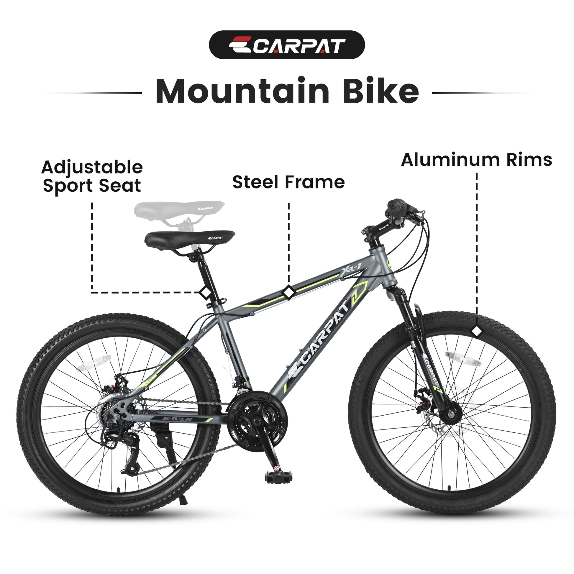 S2410224 Inch Mountain Bike Boys Girls, Steel Frame, Shimano 21 Speed Mountain Bicycle With Daul Disc Brakes And Front Suspension Mtb Grey Steel