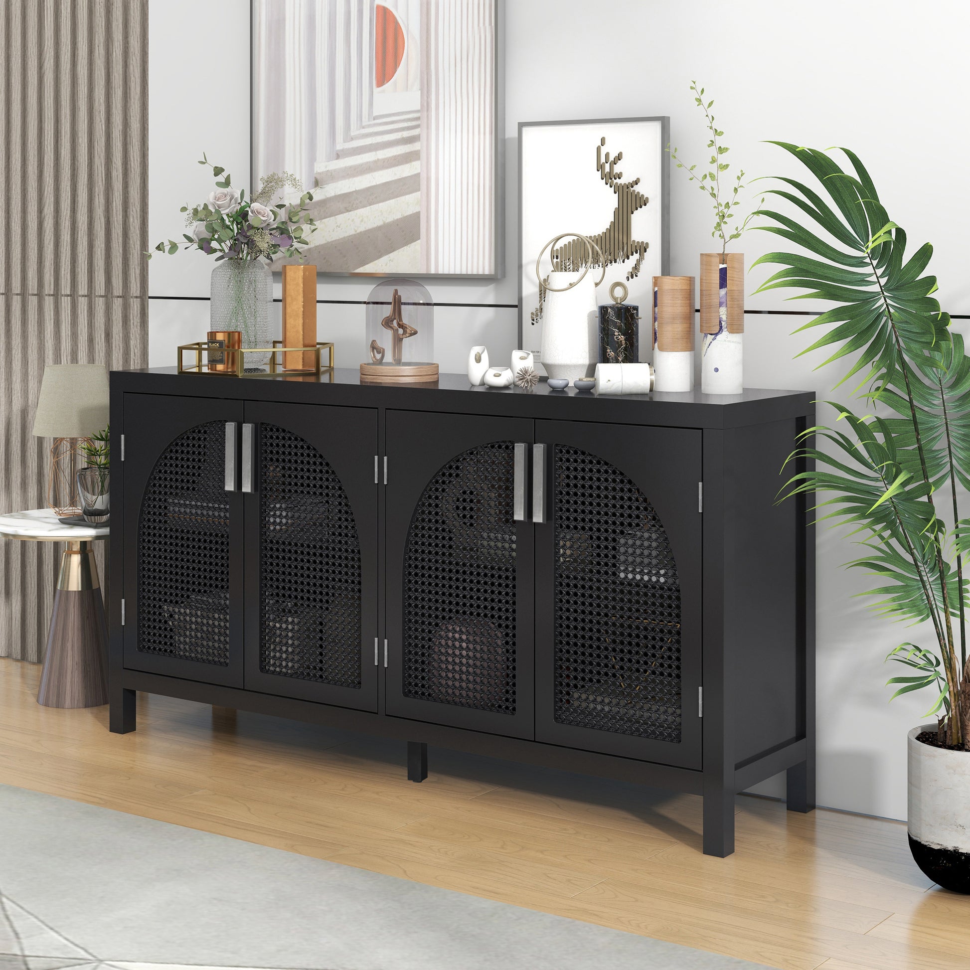 Large Storage Space Sideboard With Artificial Rattan Door And Metal Handles For Living Room And Entryway Black Black Solid Wood Mdf