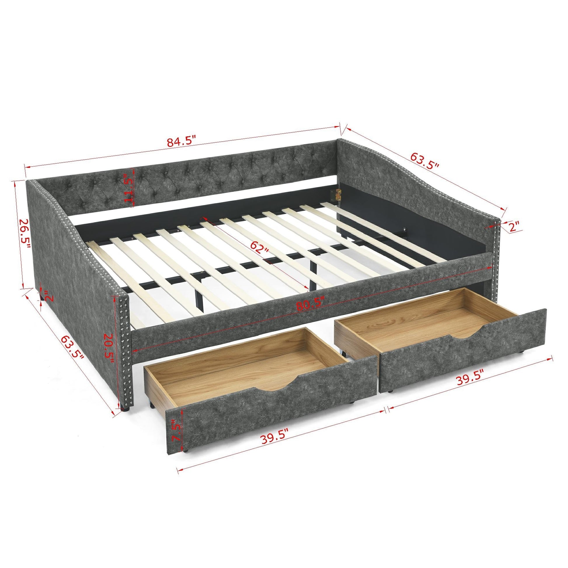 Queen Size Daybed With Drawers Upholstered Tufted Sofa Bed,With Button On Back And Copper Nail On Waved Shape Arms 84.5"X63.5"X26.5" Dark Grey Linen