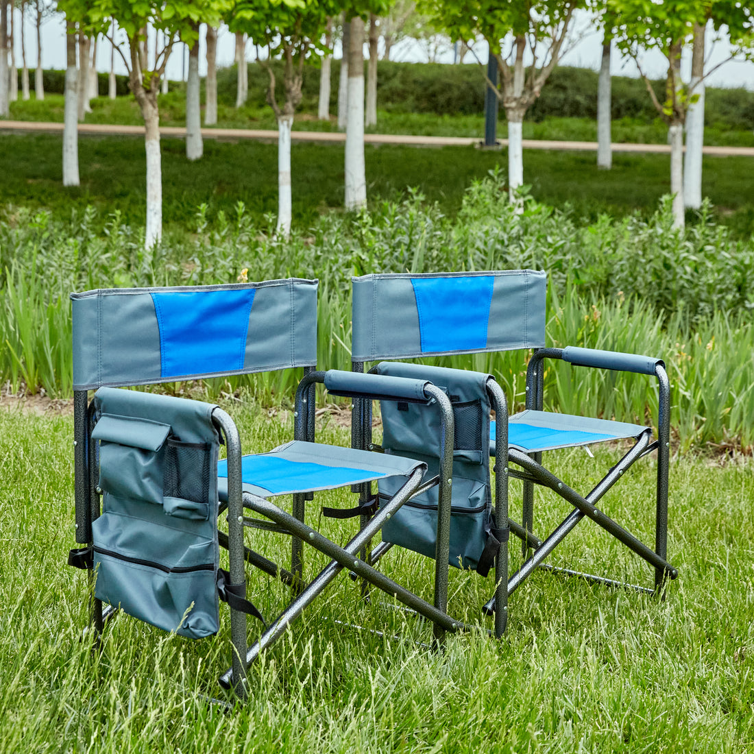 2 Piece Padded Folding Outdoor Chair With Storage Pockets,Lightweight Oversized Directors Chair For Indoor, Outdoor Camping, Picnics And Fishing,Blue Grey Blue Grey Steel