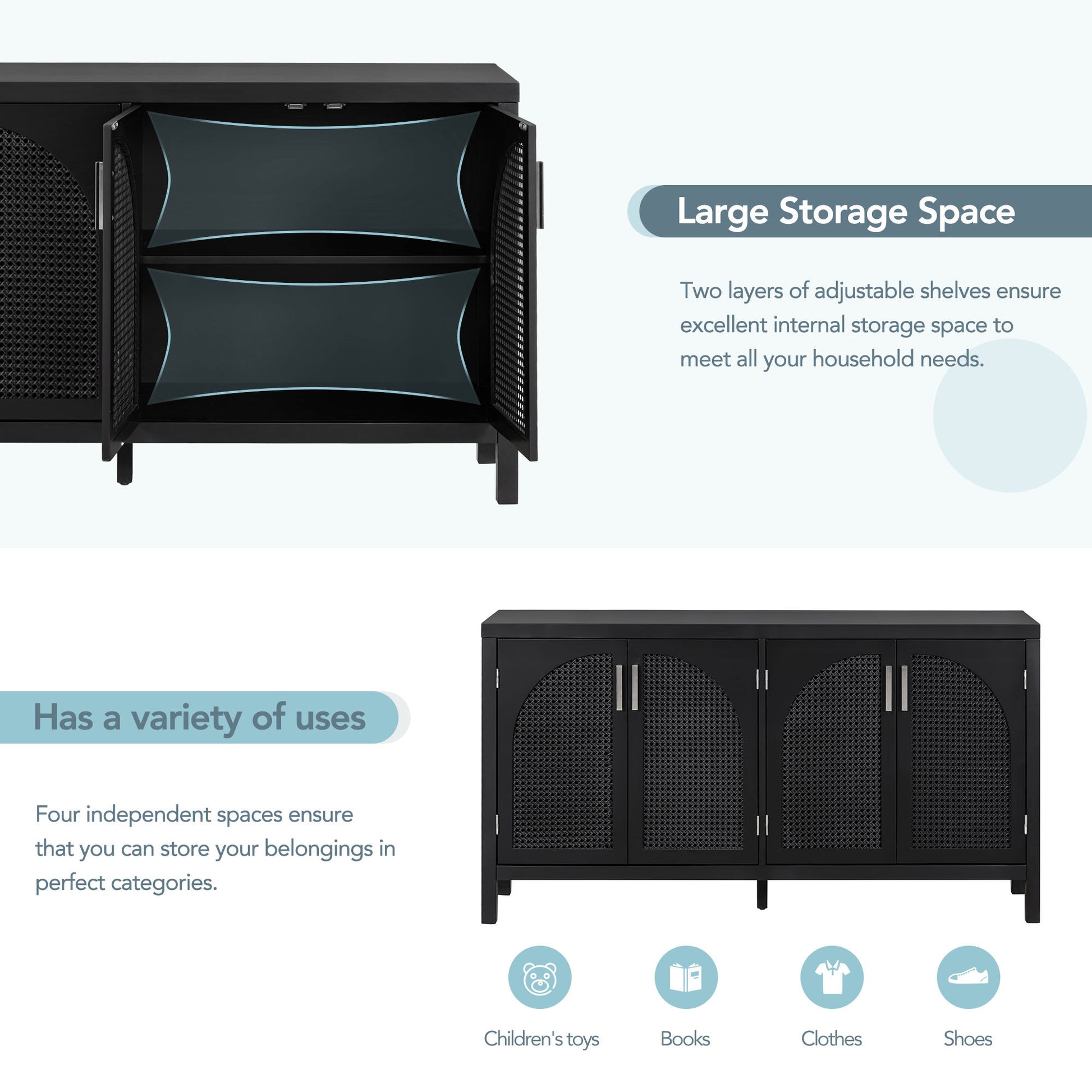 Large Storage Space Sideboard With Artificial Rattan Door And Metal Handles For Living Room And Entryway Black Black Solid Wood Mdf