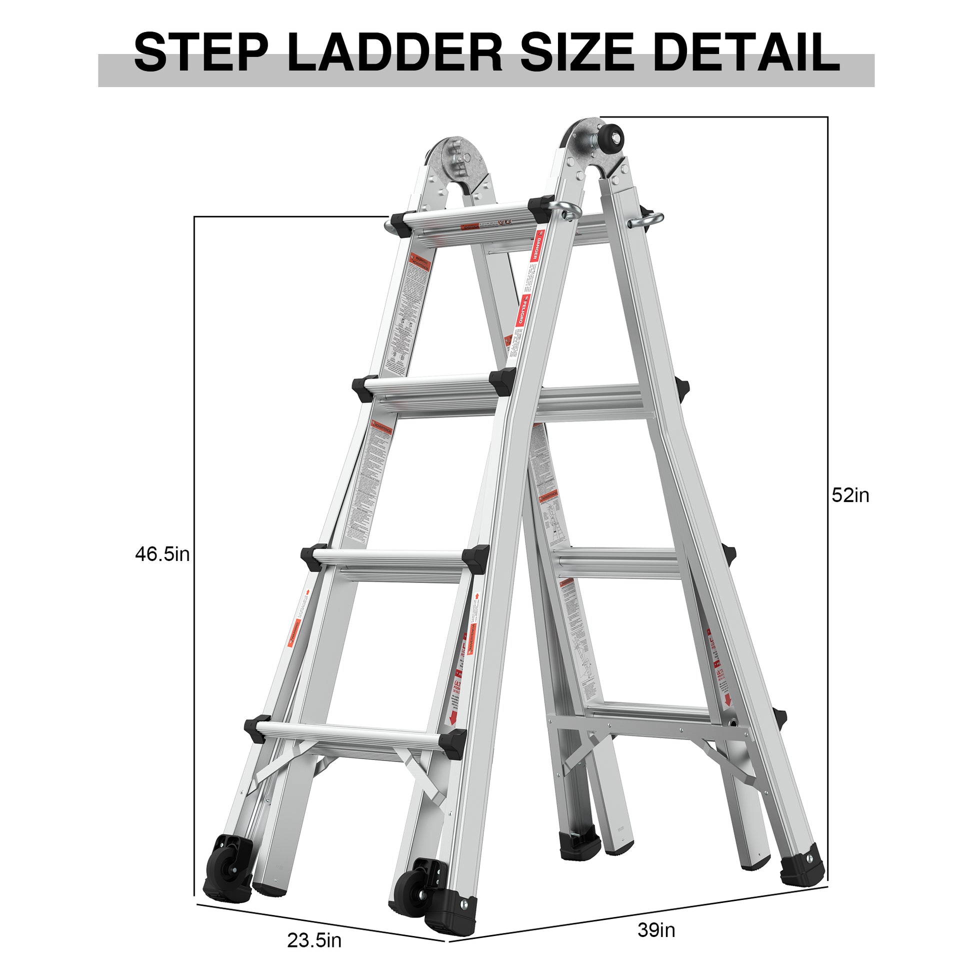 Aluminum Multi Position Ladder With Wheels, 300 Lbs Weight Rating, 17 Ft Metallic Grey Aluminium Alloy