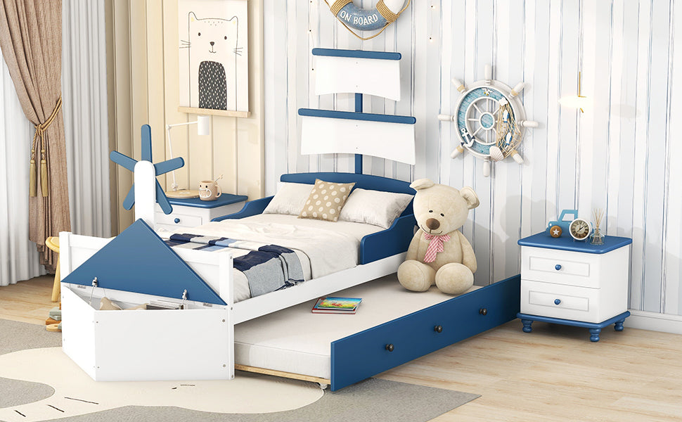 Twin Size Boat Shaped Platform Bed With Twin Size Trundle,Twin Bed With Storage For Bedroom,Blue Blue Wood