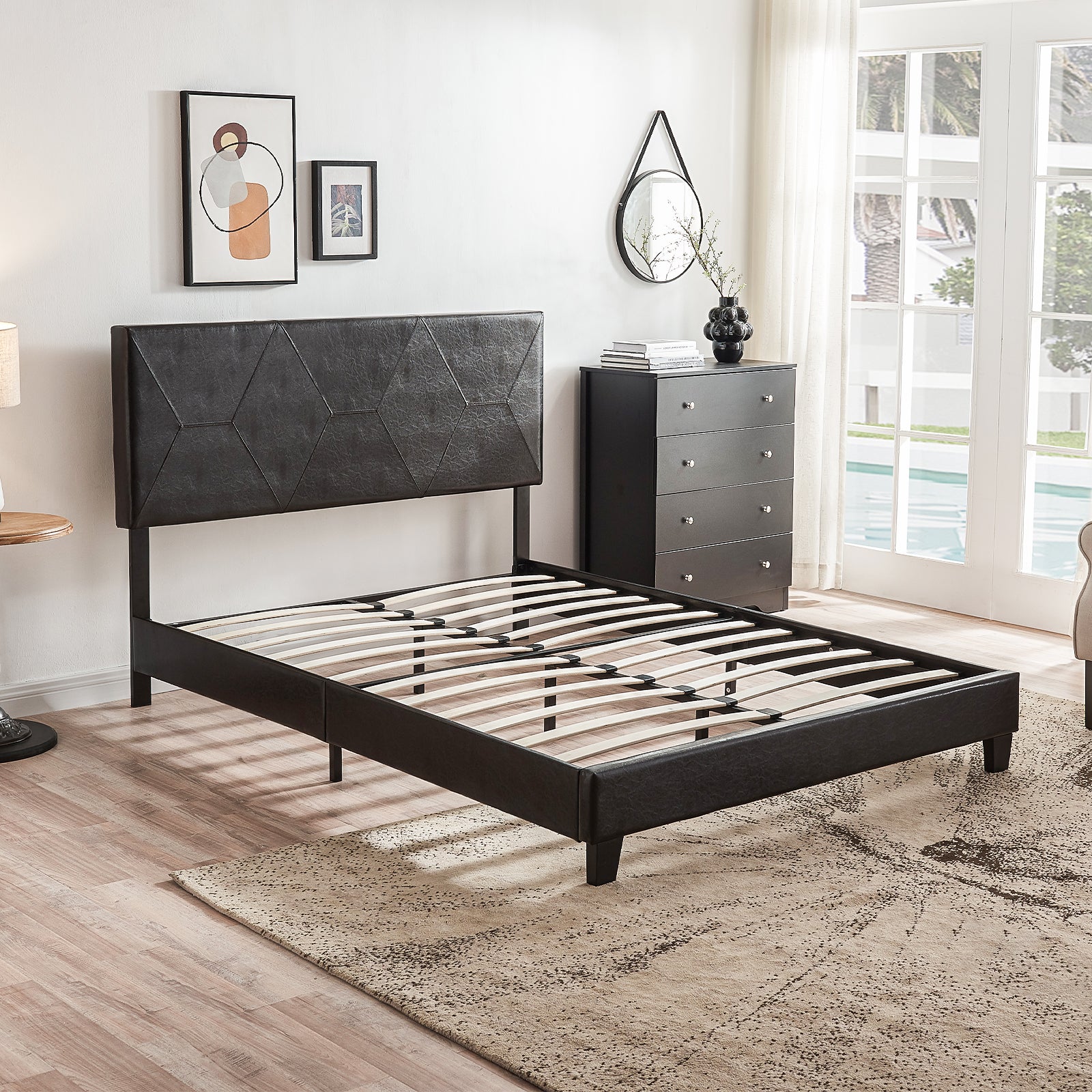 Queen Size Upholstered Platform Bed Frame ,Wood Slat Support, Easy Assembly,Black, Pu Black Pu Pu