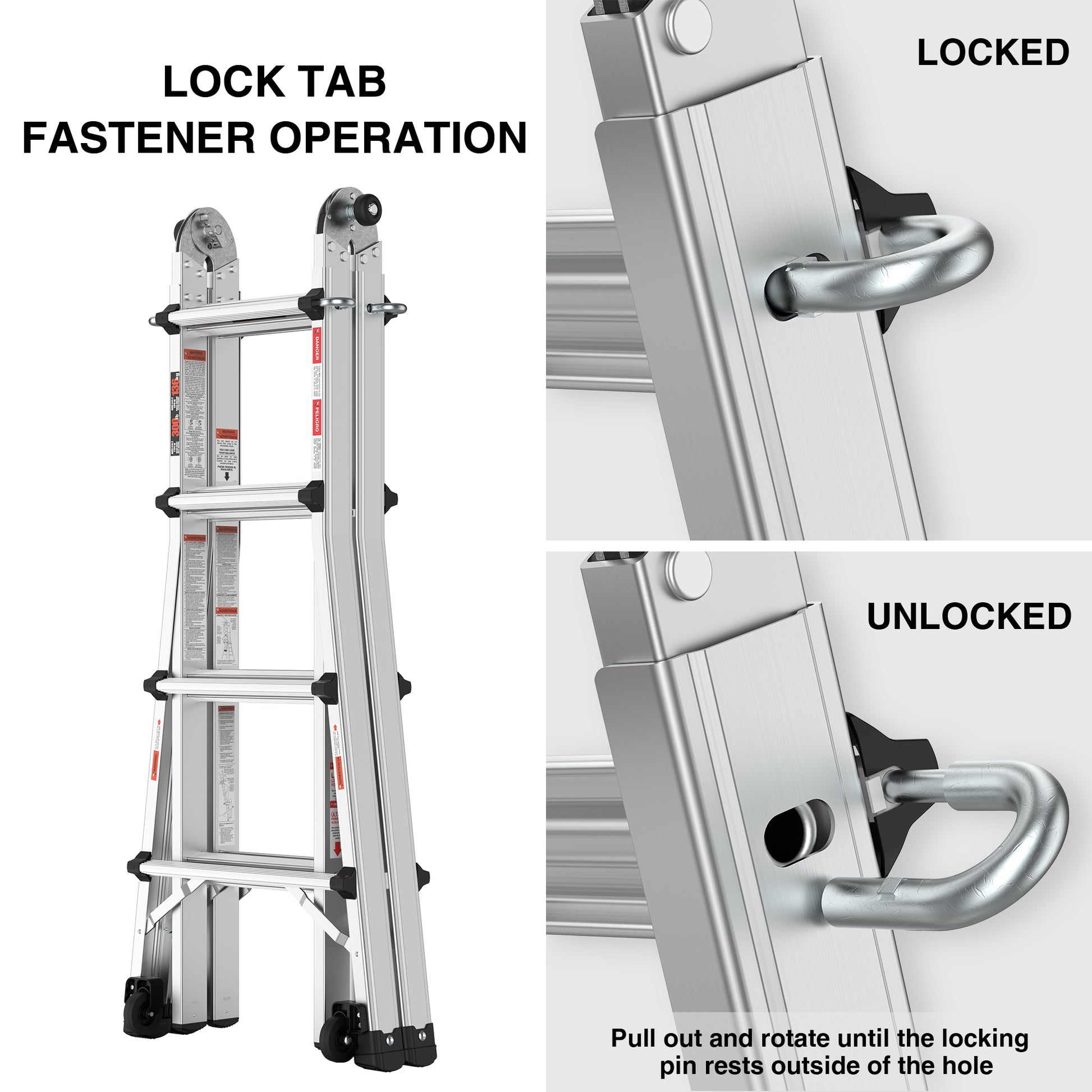 Aluminum Multi Position Ladder With Wheels, 300 Lbs Weight Rating, 17 Ft Metallic Grey Aluminium Alloy