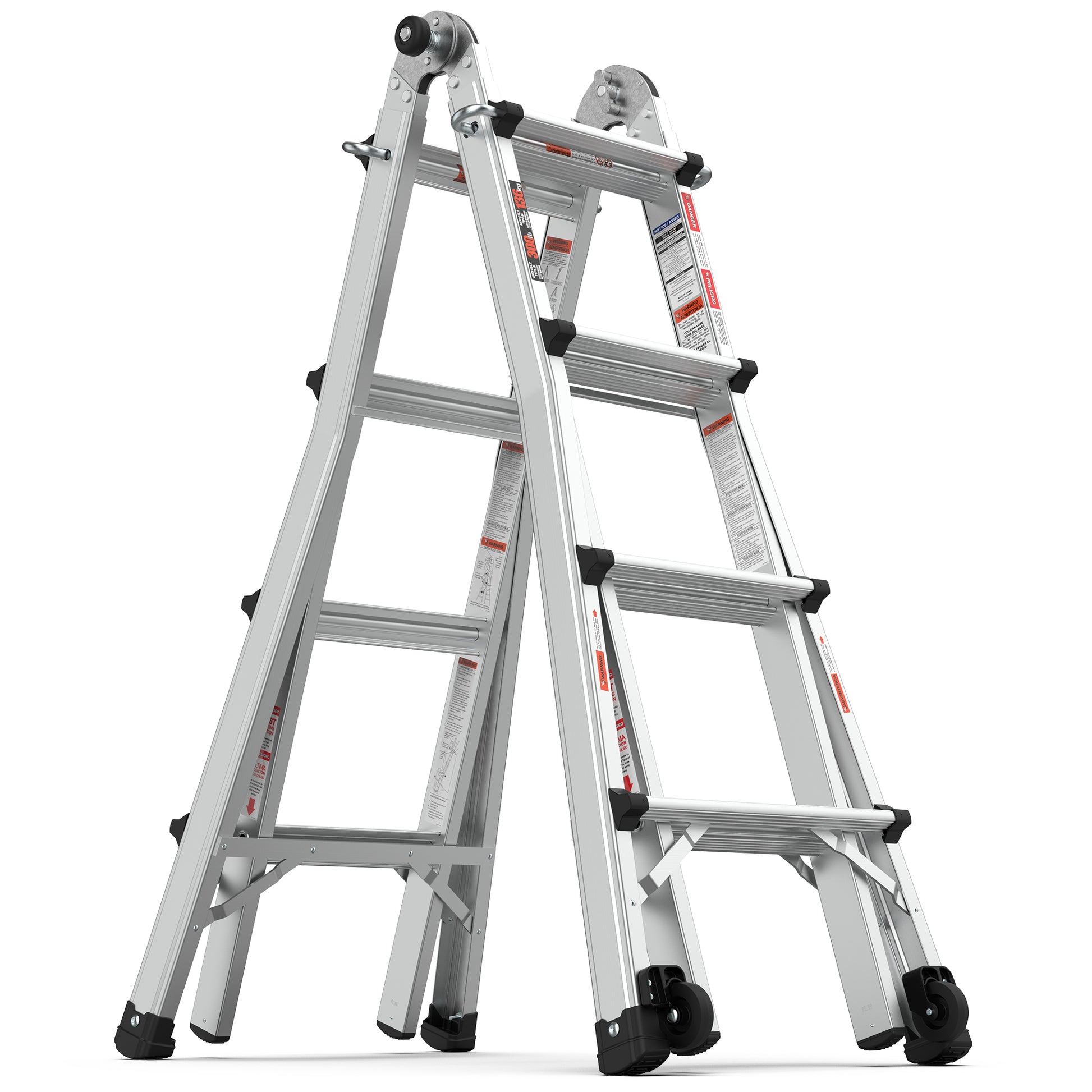 Aluminum Multi Position Ladder With Wheels, 300 Lbs Weight Rating, 17 Ft Metallic Grey Aluminium Alloy