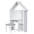 House Shaped Kids Desk With A Cushion Stool,House Style Desk And Stool Set,White White Bedroom American Design Pine Pine