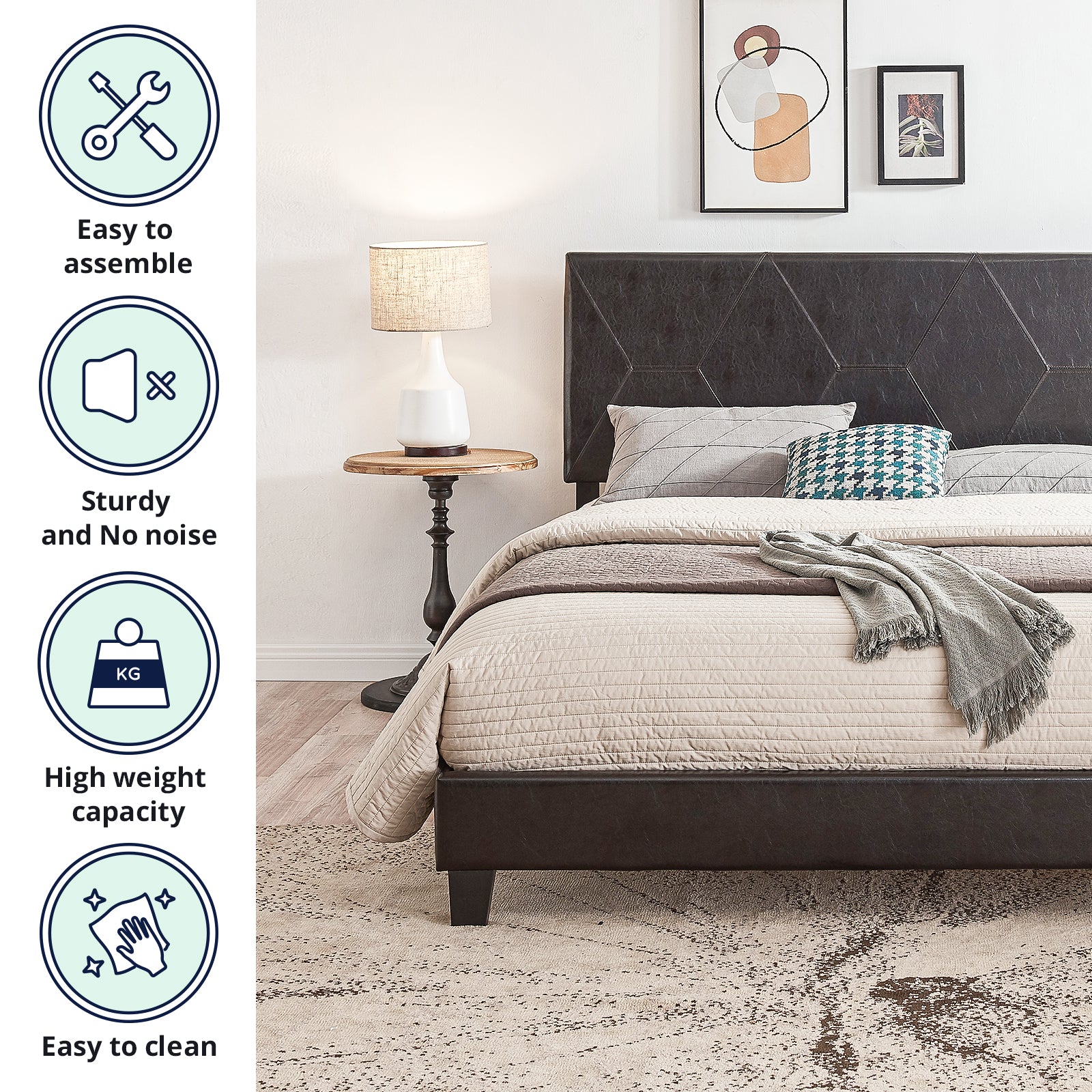 Queen Size Upholstered Platform Bed Frame ,Wood Slat Support, Easy Assembly,Black, Pu Black Pu Pu