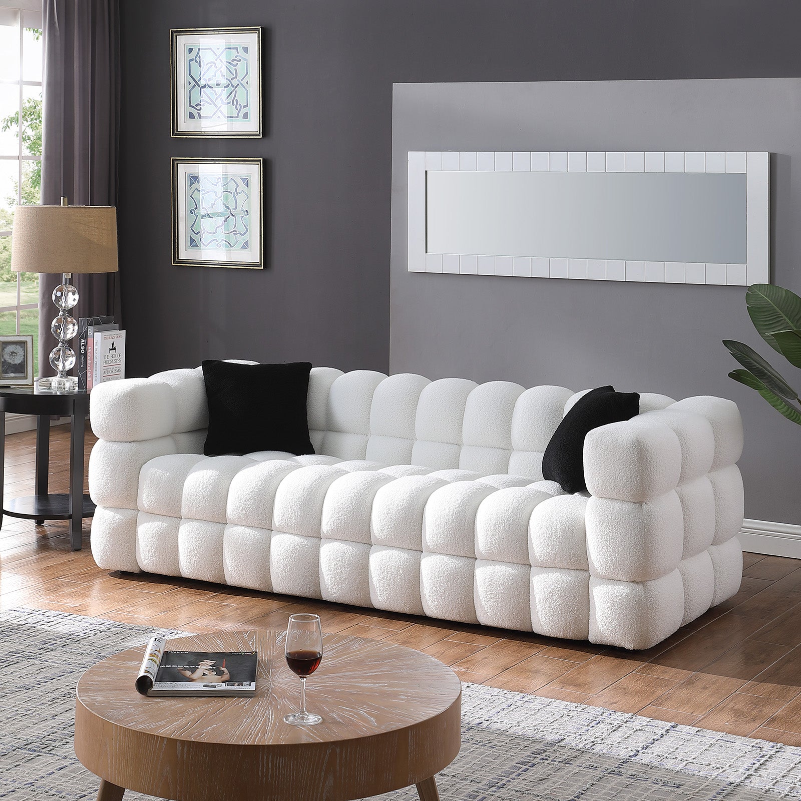 84.3 62.2 Length ,35.83" Deepth ,Human Body Structure For Usa People, Marshmallow Sofa,Boucle Sofa ,White Color,3 Seater. Sofa And Seater White Light Brown Wood Primary Living Space Medium Soft Split Back Eucalyptus Square Arms Boucle 5 Seat