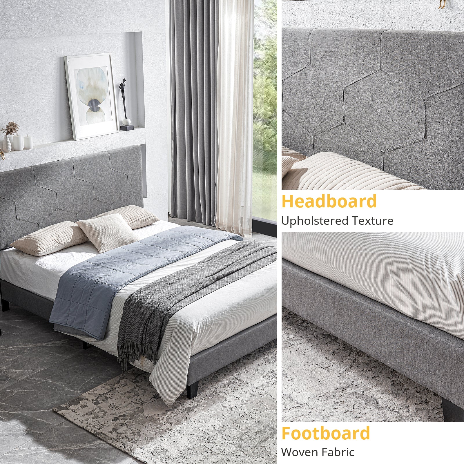 Queen Size Upholstered Platform Bed Frame ,Wood Slat grey-linen