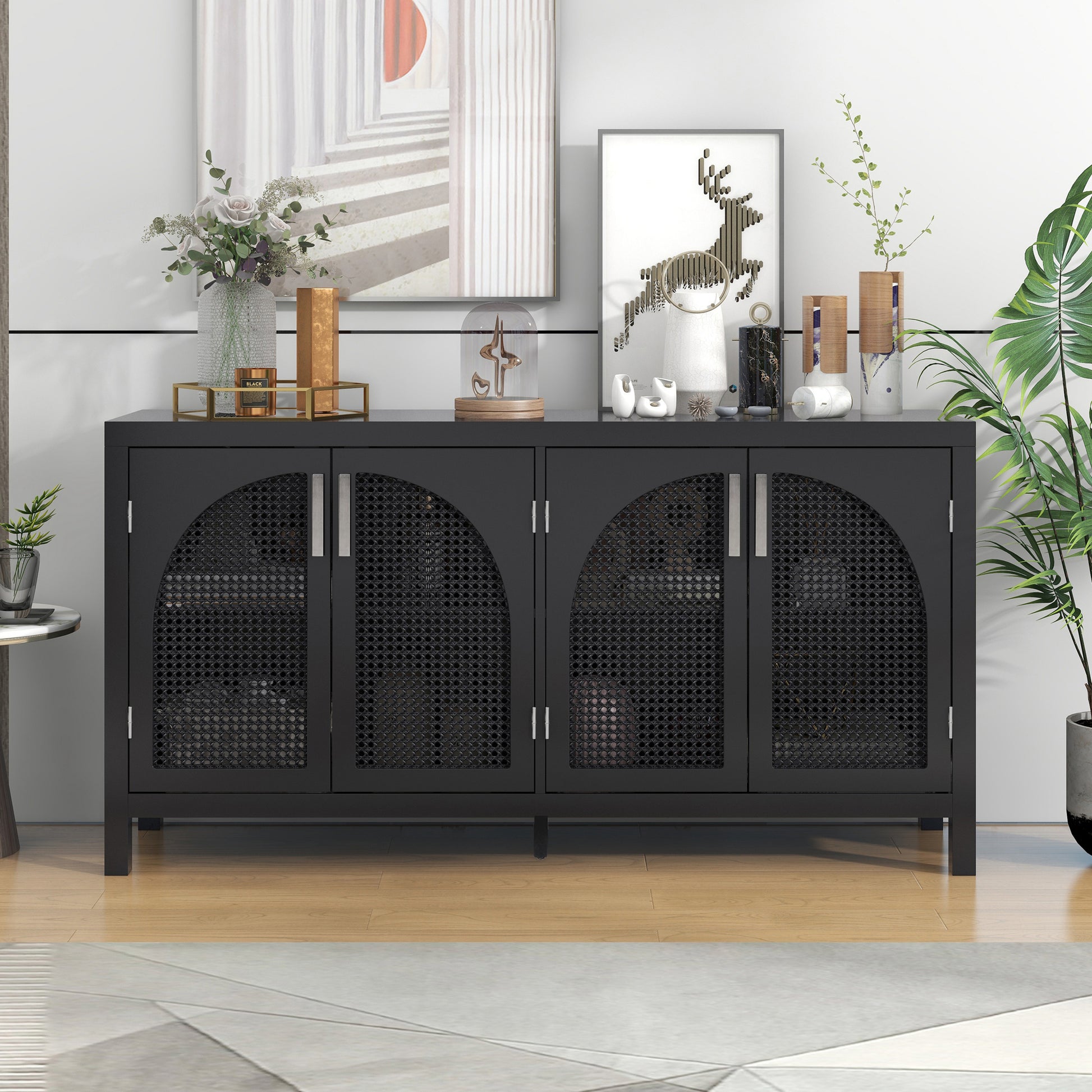 Large Storage Space Sideboard With Artificial Rattan Door And Metal Handles For Living Room And Entryway Black Black Solid Wood Mdf