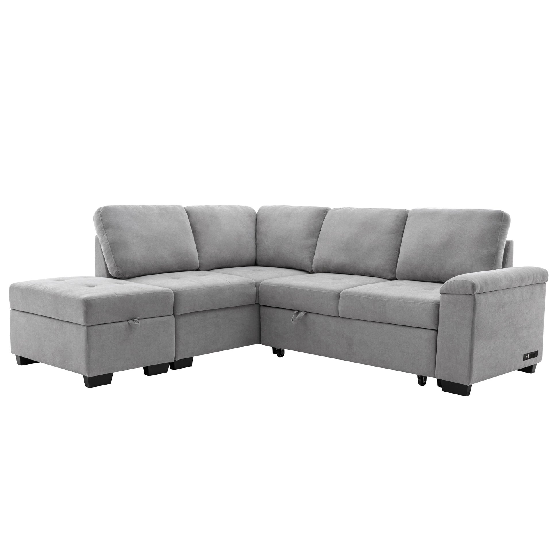 Sleeper Sectional Sofa, L Shape Corner Couch Sofa Bed With Storage Ottoman & Hidden Arm Storage & Usb Charge For Living Room Apartment, Gray Gray Velvet 4 Seat