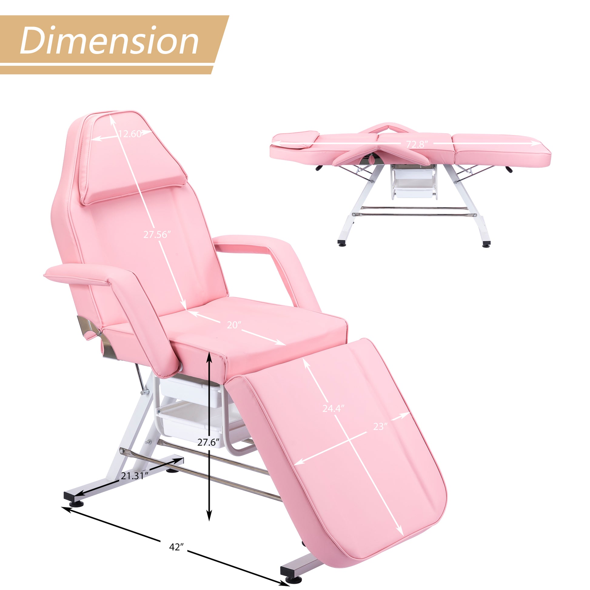 Massage Salon Tattoo Chair With Two Trays Esthetician Bed With Hydraulic Stool,Multi Purpose 3 Section Facial Bed Table, Adjustable Beauty Barber Spa Beauty Equipment, Pink Pink Metal