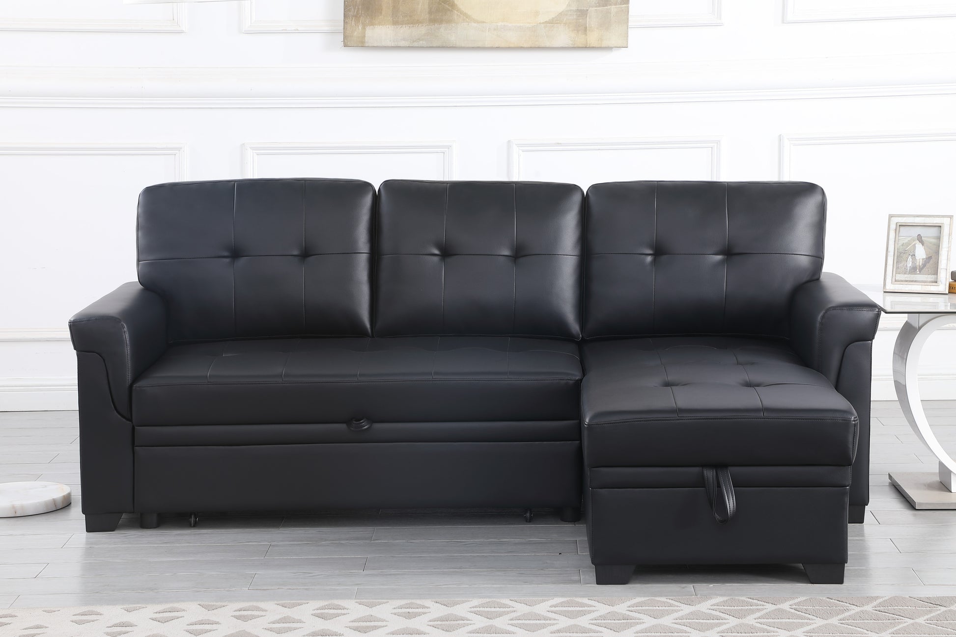 Lexi 83.5" Black Vegan Leather Modern Reversible Sleeper Sectional Sofa With Storage Chaise Black Pu Leather