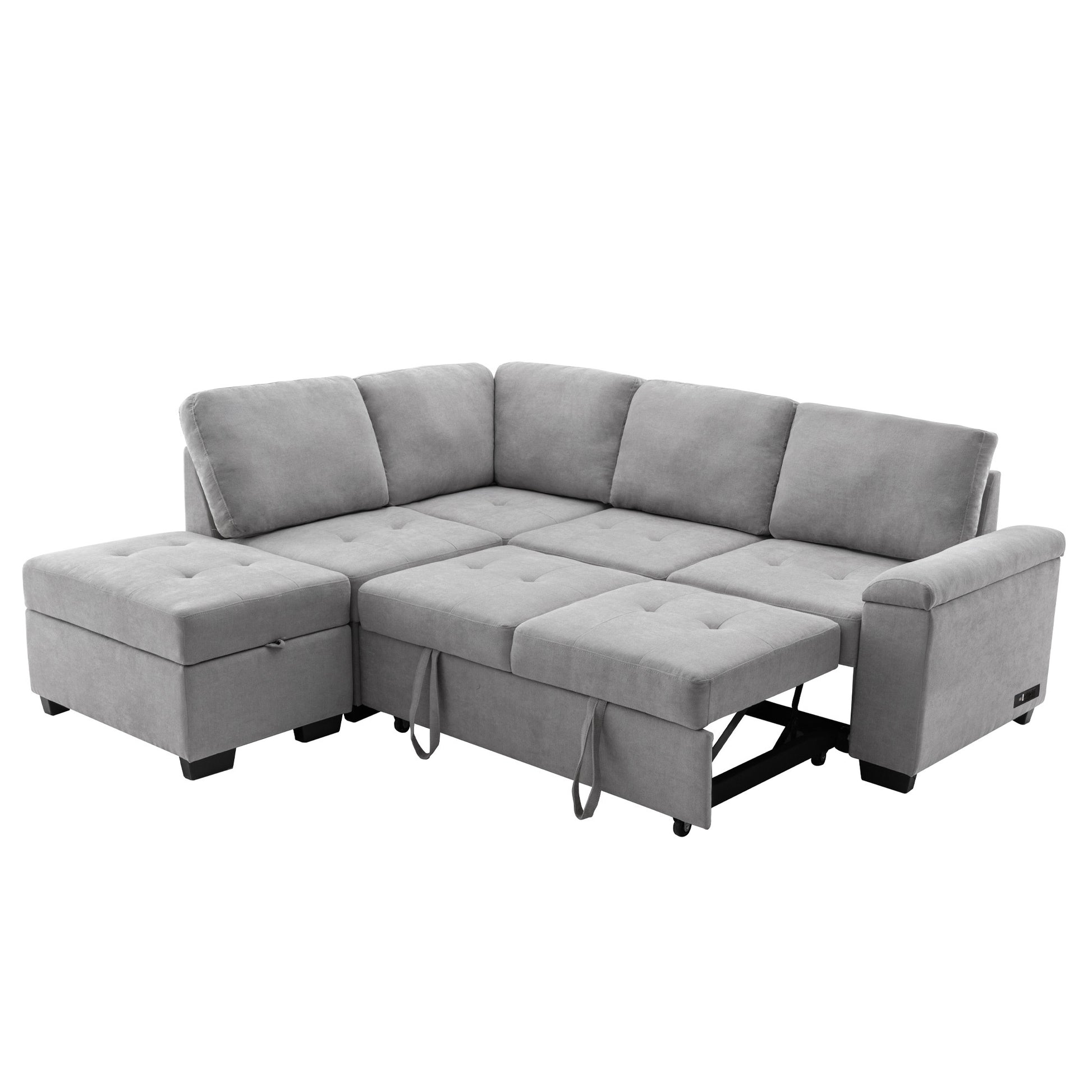 Sleeper Sectional Sofa, L Shape Corner Couch Sofa Bed With Storage Ottoman & Hidden Arm Storage & Usb Charge For Living Room Apartment, Gray Gray Velvet 4 Seat