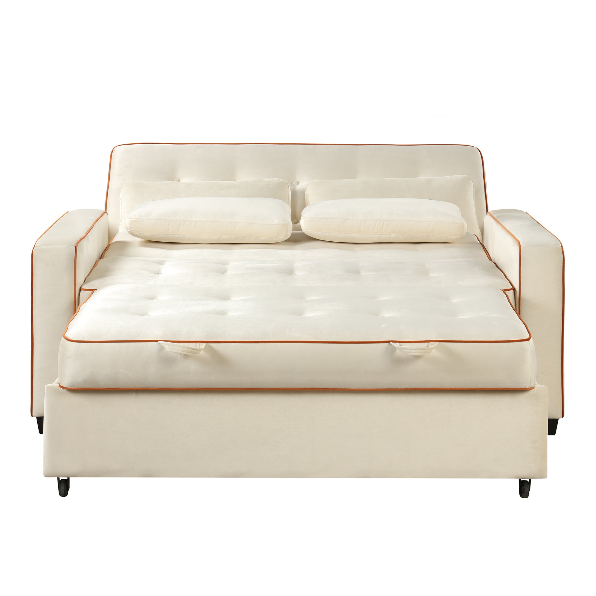 66.5" Velvet Upholstered Sleeper Bedpull Out Sofa Bed Couch Attached Two Throw Pillows,Dual Usb Charging Port And Adjustable Backrest For Living Room Space, Light Beige Beige Foam Velvet 2 Seat