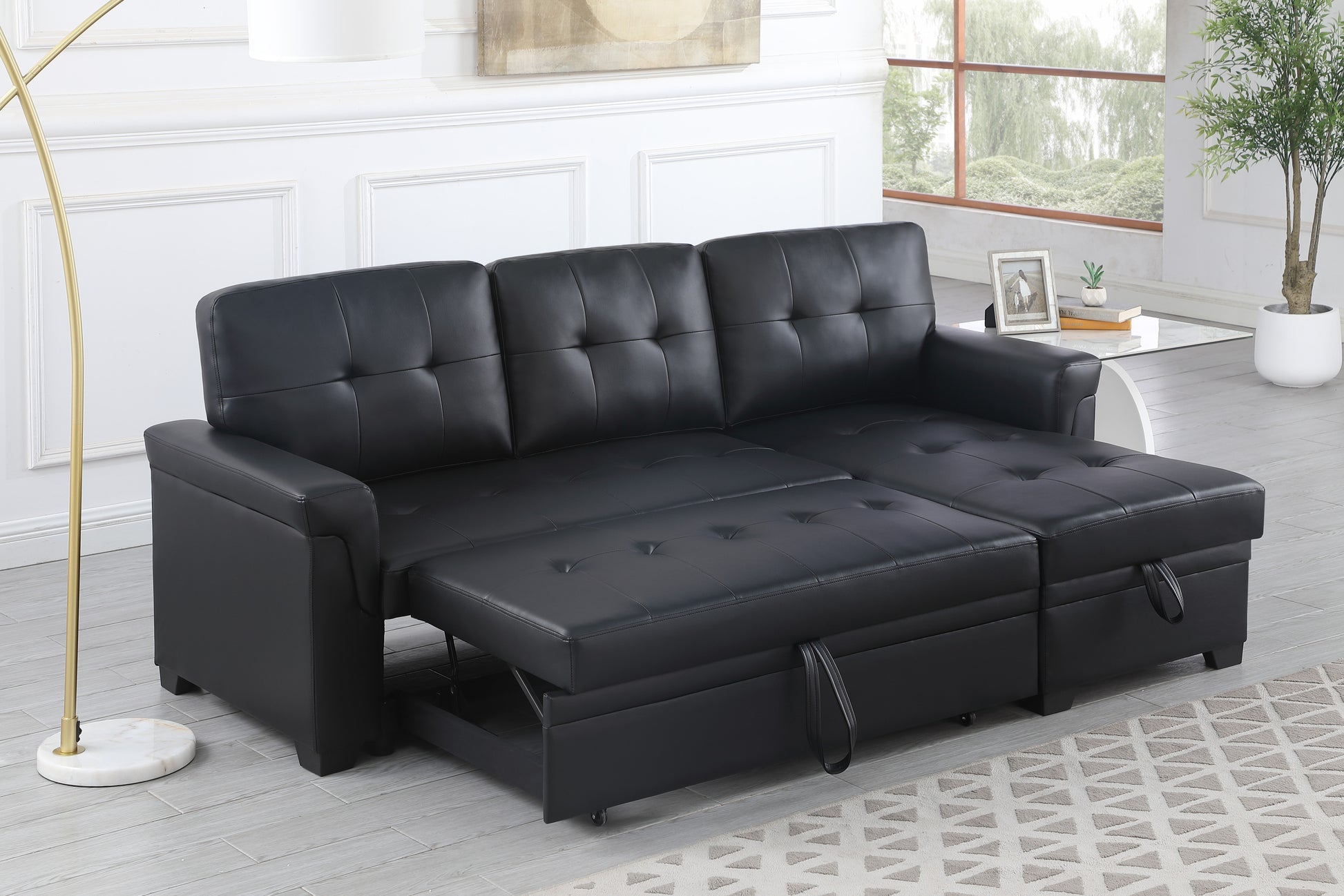 Lexi 83.5" Black Vegan Leather Modern Reversible Sleeper Sectional Sofa With Storage Chaise Black Pu Leather