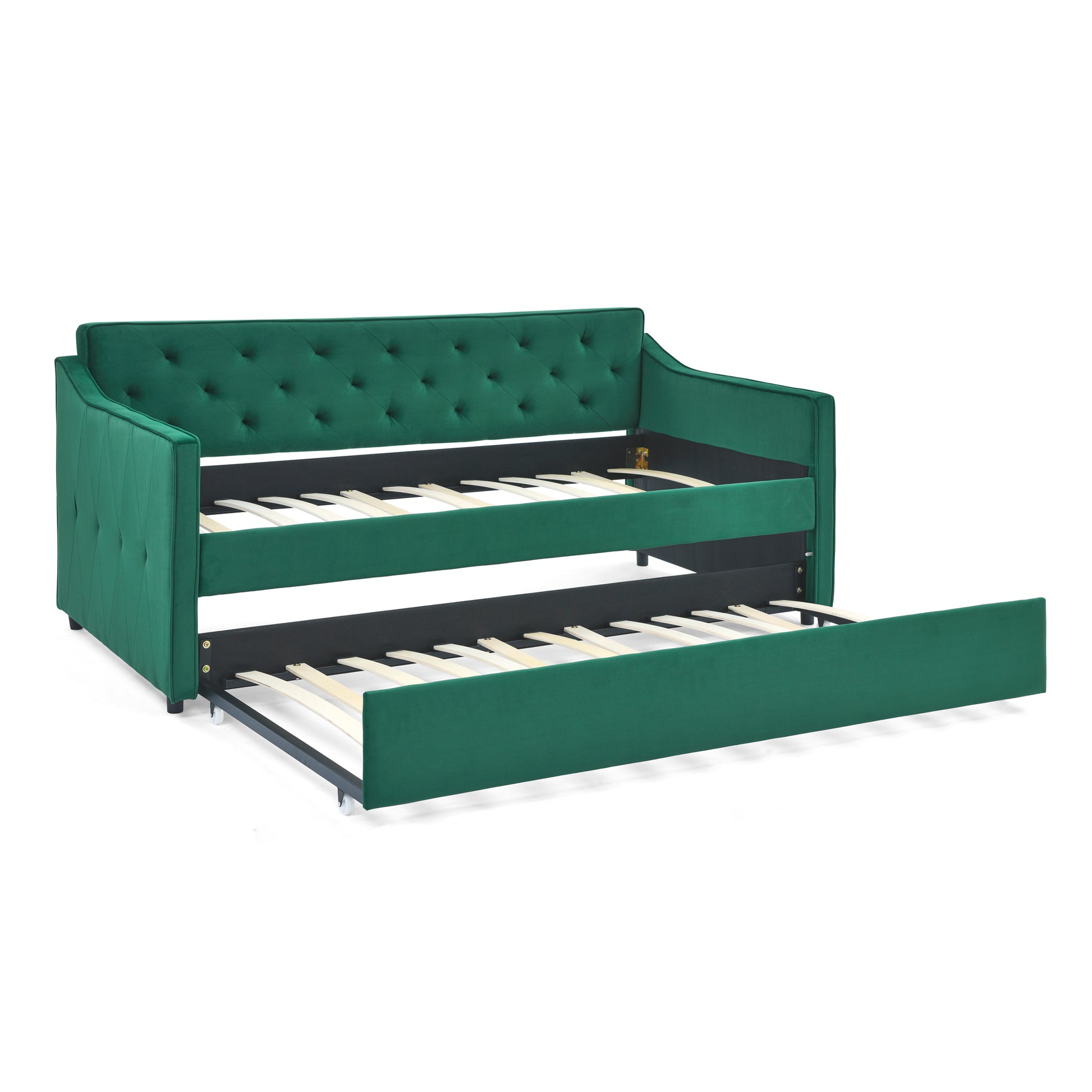 Twin Size Daybed With Twin Size Trundle Upholstered Tufted Sofa Bed, Waved Shape Arms 80.5"X44.5"X33.5" Green Velvet