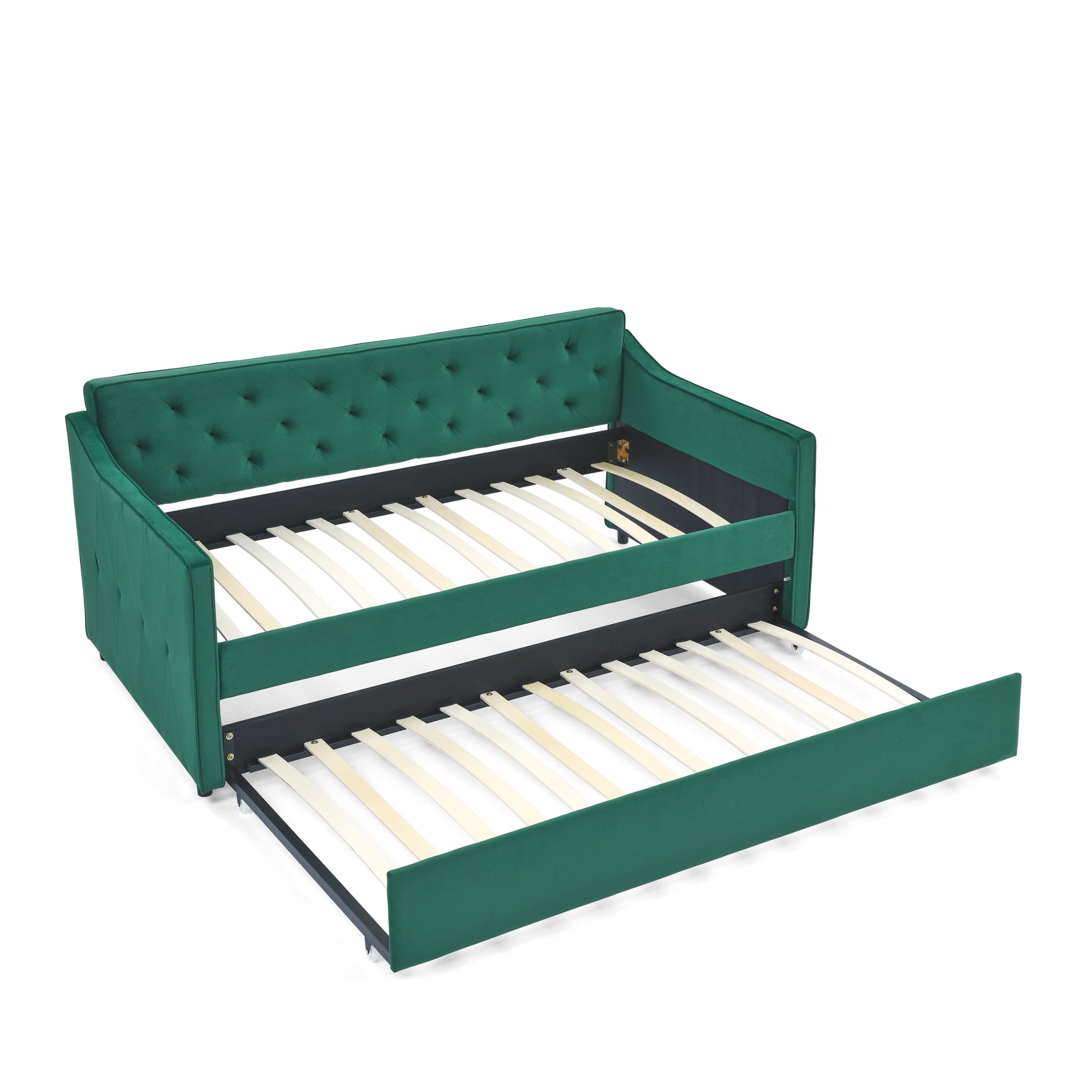 Twin Size Daybed With Twin Size Trundle Upholstered Tufted Sofa Bed, Waved Shape Arms 80.5"X44.5"X33.5" Green Velvet