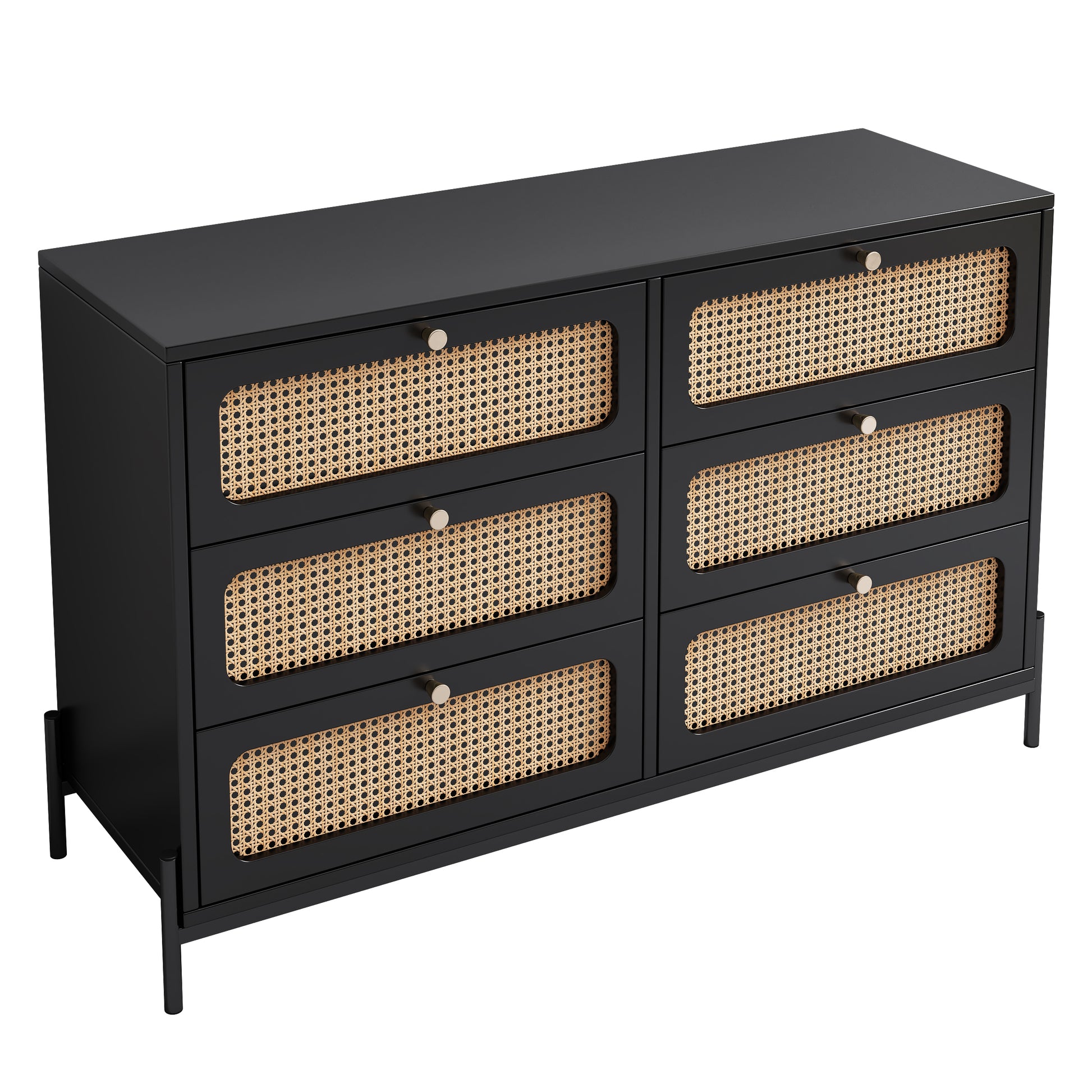 Modern Cannage Rattan Wood Closet 6 Drawer Dresser Wood Storage Cabinet Sideboard For Bedroom, Living Room, Entryway, Hallway, Black Old Sku:Wf303224Aab Black Rattan