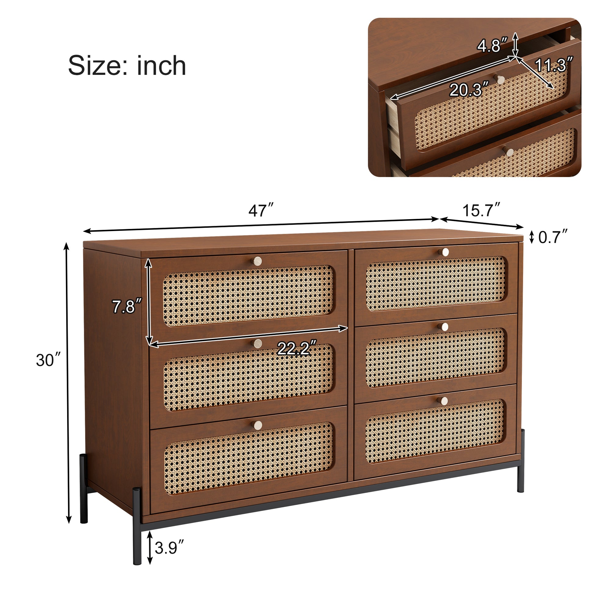 Modern Cannage Rattan Wood Closet 6 Drawer