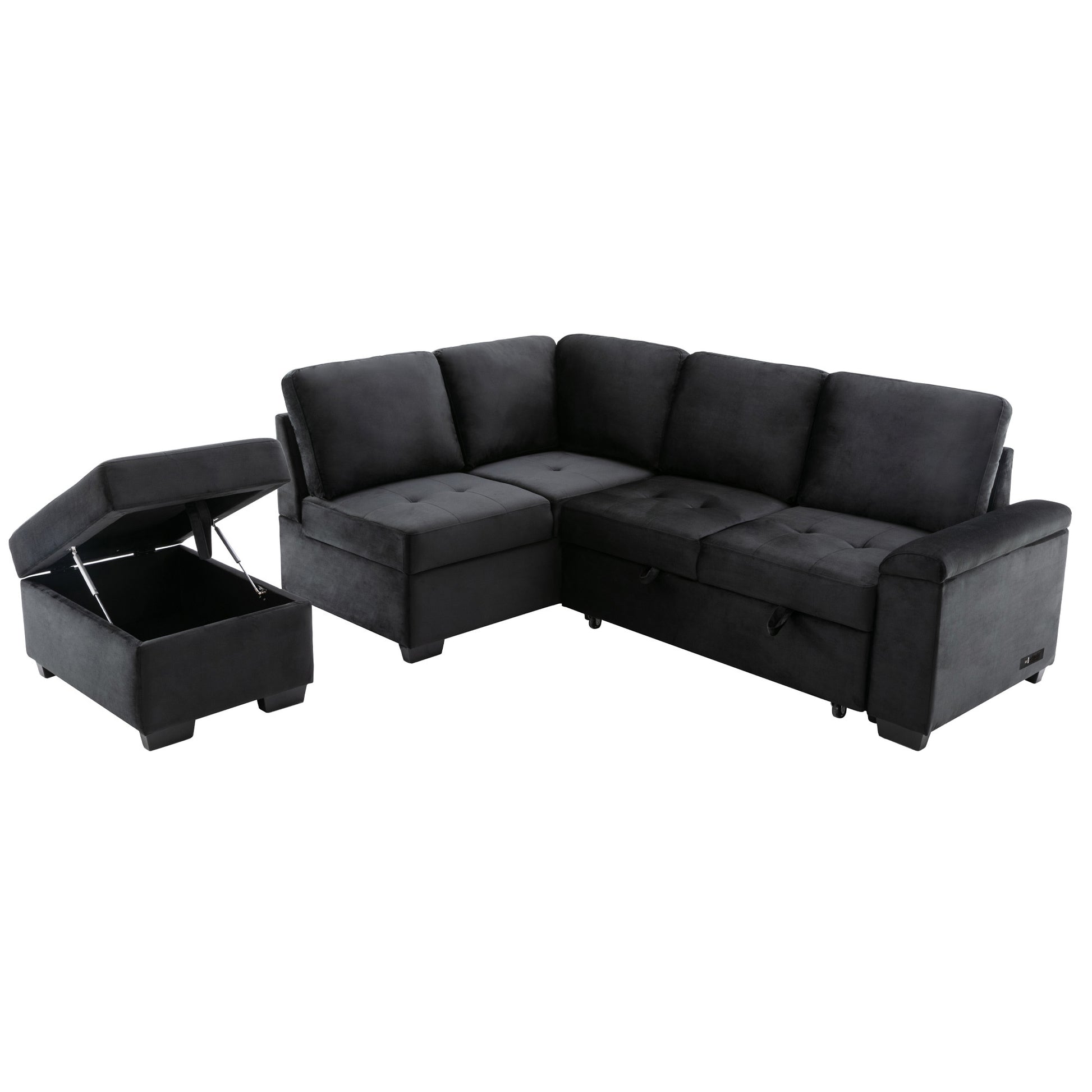 Sleeper Sectional Sofa, L Shape Corner Couch Sofa Bed With Storage Ottoman & Hidden Arm Storage & Usb Charge For Living Room Apartment, Black Black Velvet 4 Seat