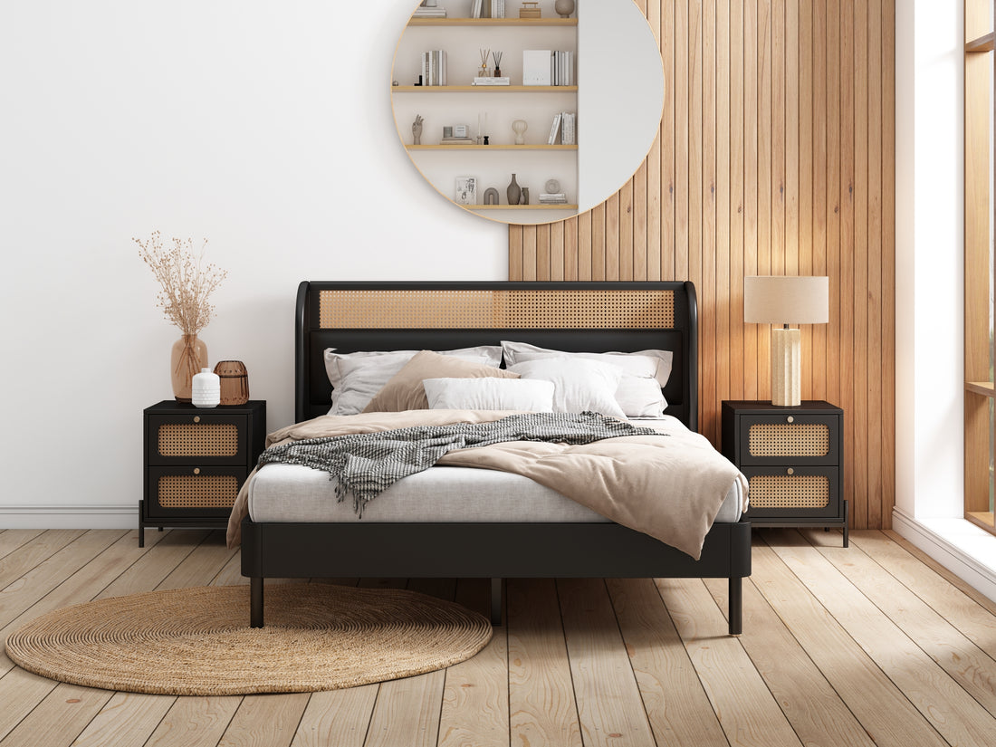 3 Pieces Modern Cannage Rattan Platform Queen Bed Nightstand*2, Black Queen Black 3 Piece Set Wood