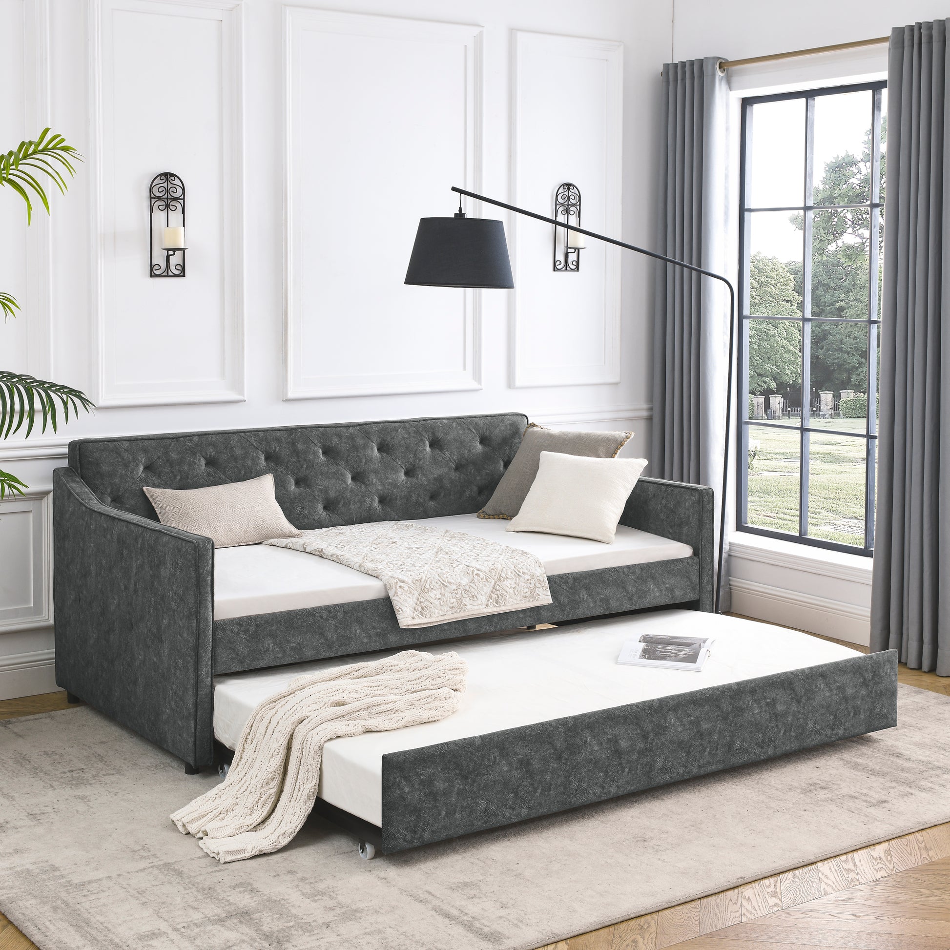 Twin Size Daybed With Twin Size Trundle Upholstered Tufted Sofa Bed, Waved Shape Arms, Grey 80.5"X44.5"X33.5" Grey Polyester