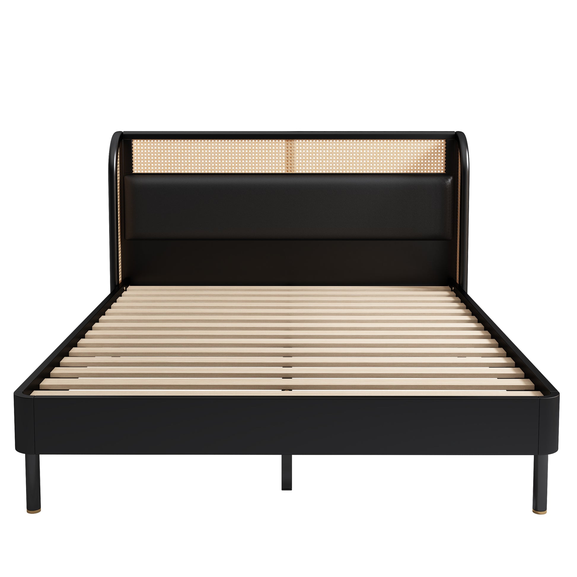 Modern Cannage Rattan Wood Platform Queen Bed, Black Black Wood