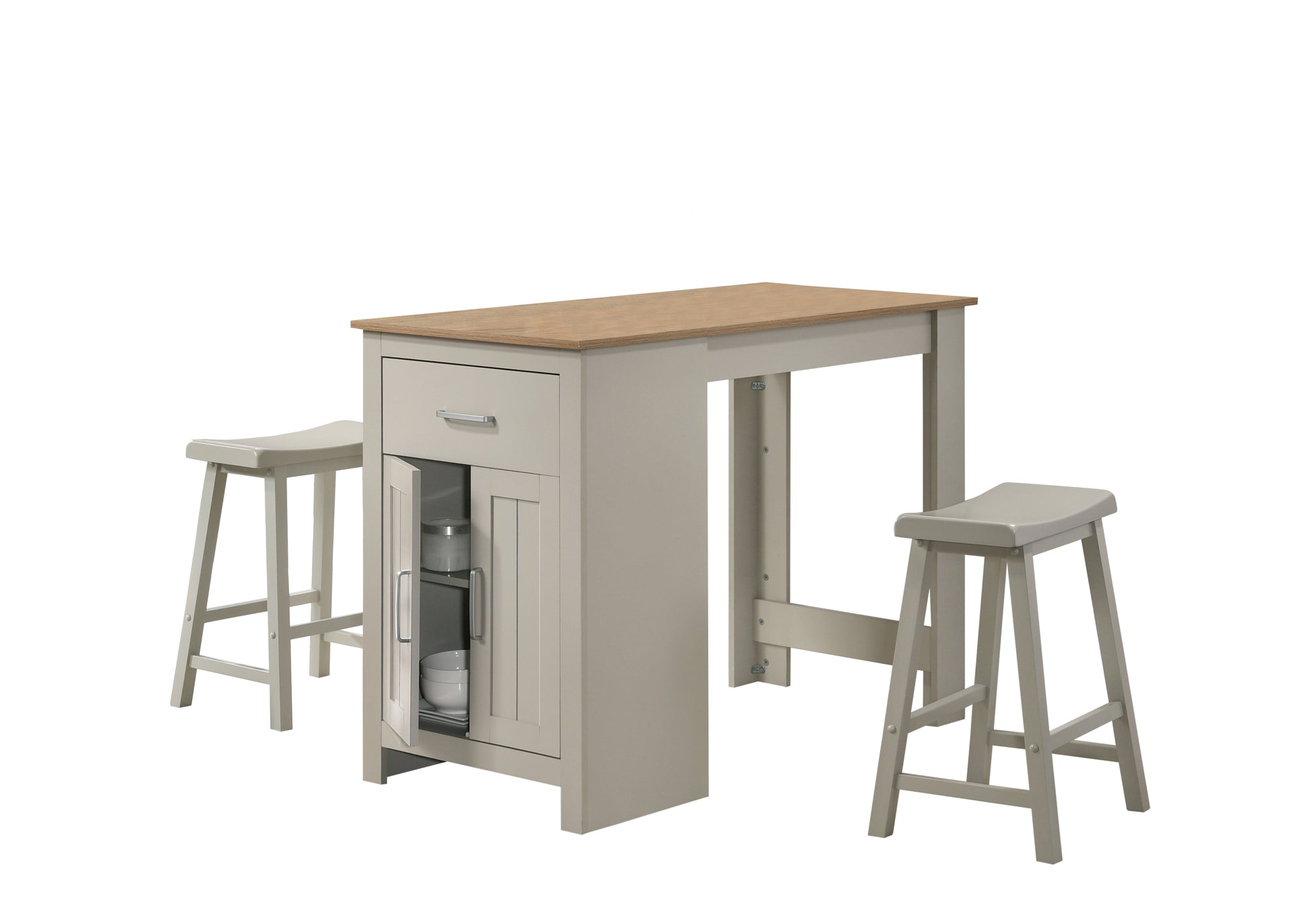 Alonzo 47" Light Gray Small Space Counter Height Dining Table With Cabinet, Drawer, And 2 Ergonomic Counter Stools Walnut Solid Wood Mdf