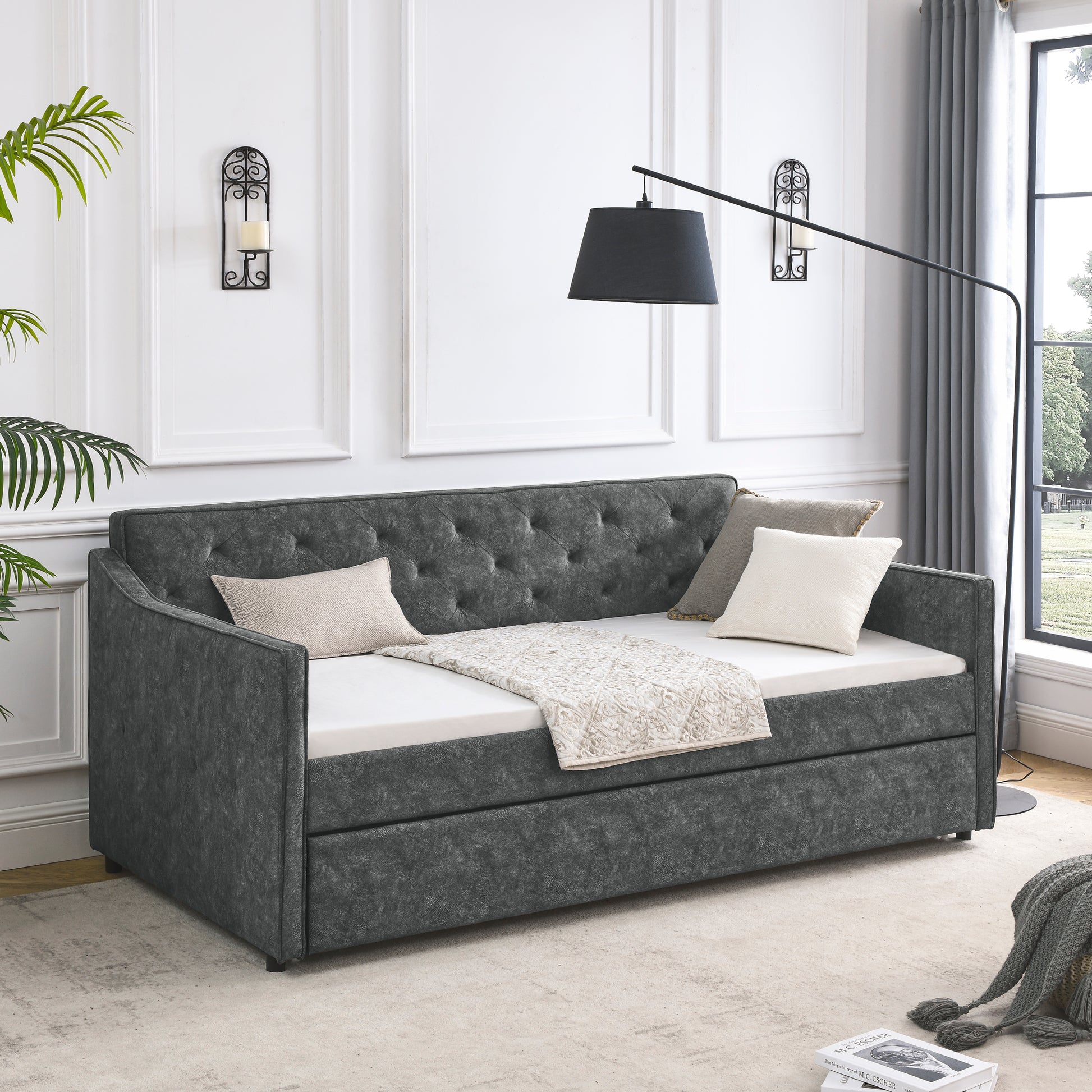 Twin Size Daybed With Twin Size Trundle Upholstered Tufted Sofa Bed, Waved Shape Arms, Grey 80.5"X44.5"X33.5" Grey Polyester