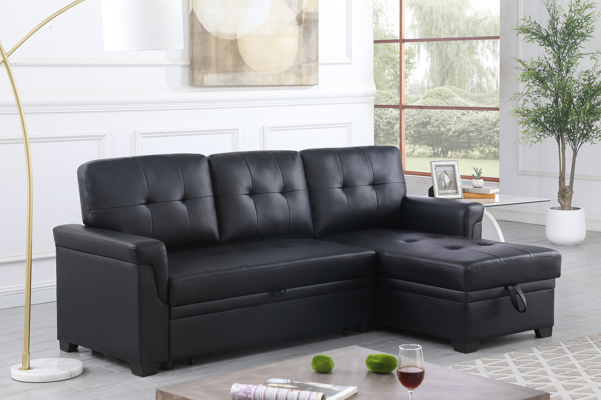 Lexi 83.5" Black Vegan Leather Modern Reversible Sleeper Sectional Sofa With Storage Chaise Black Pu Leather