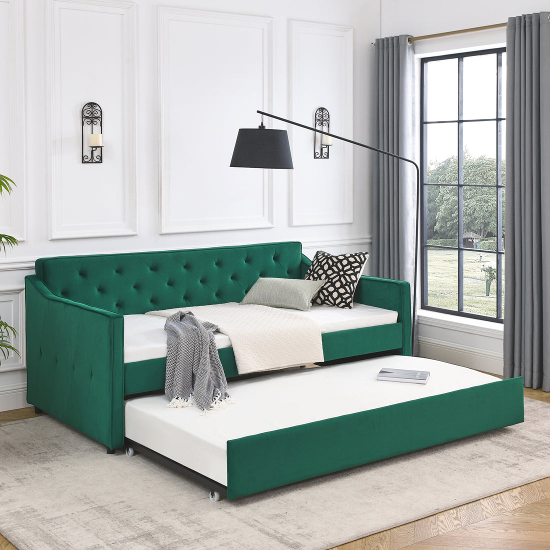 Twin Size Daybed With Twin Size Trundle Upholstered Tufted Sofa Bed, Waved Shape Arms 80.5"X44.5"X33.5" Green Velvet